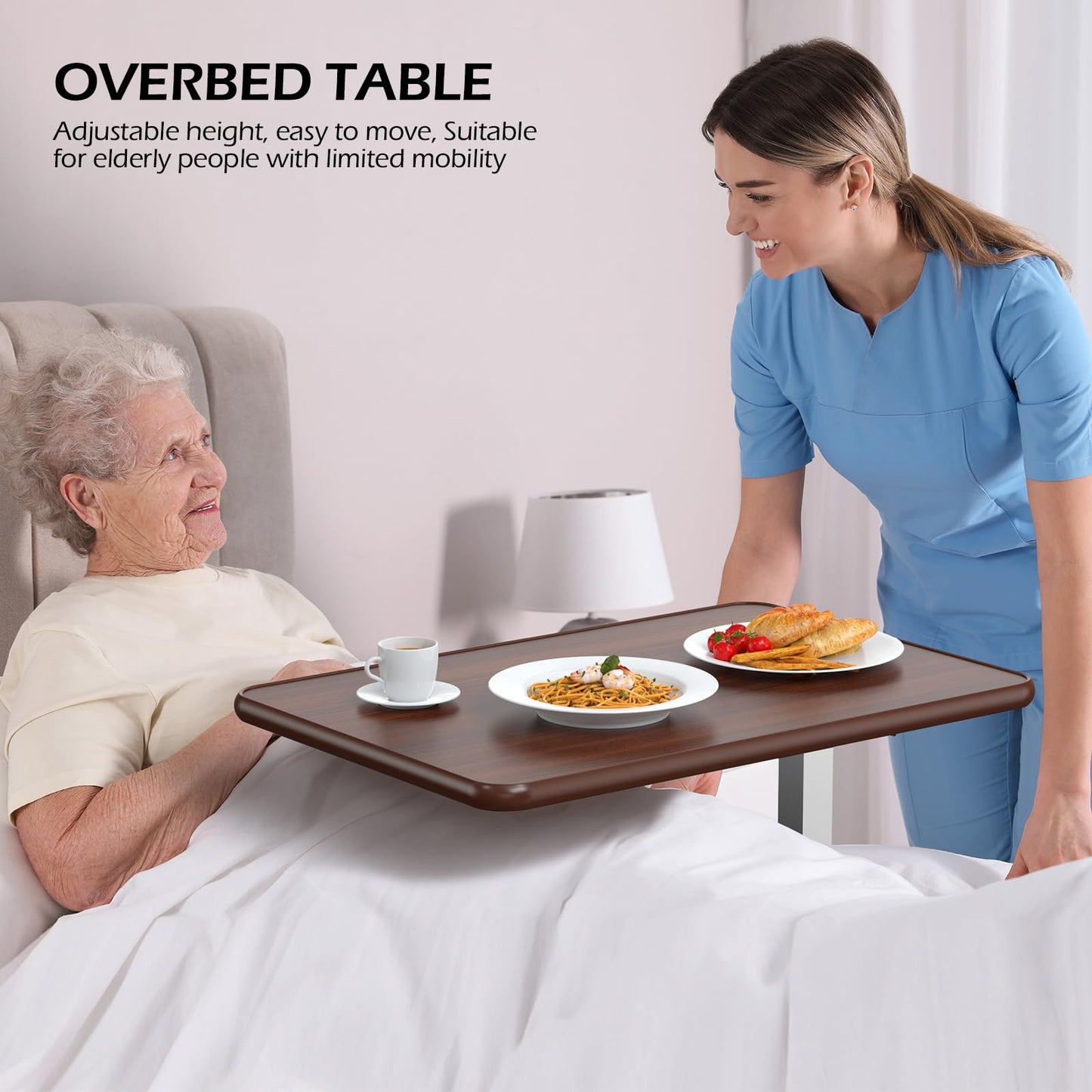 WOTURE Adjustable Overbed Table with Wheels, Bedside Rolling Table, Pneumatic Height Adjustment, Hospital Bed Table on Wheels, Standing Desk, Bedridden & Mobility Needs, Walnut