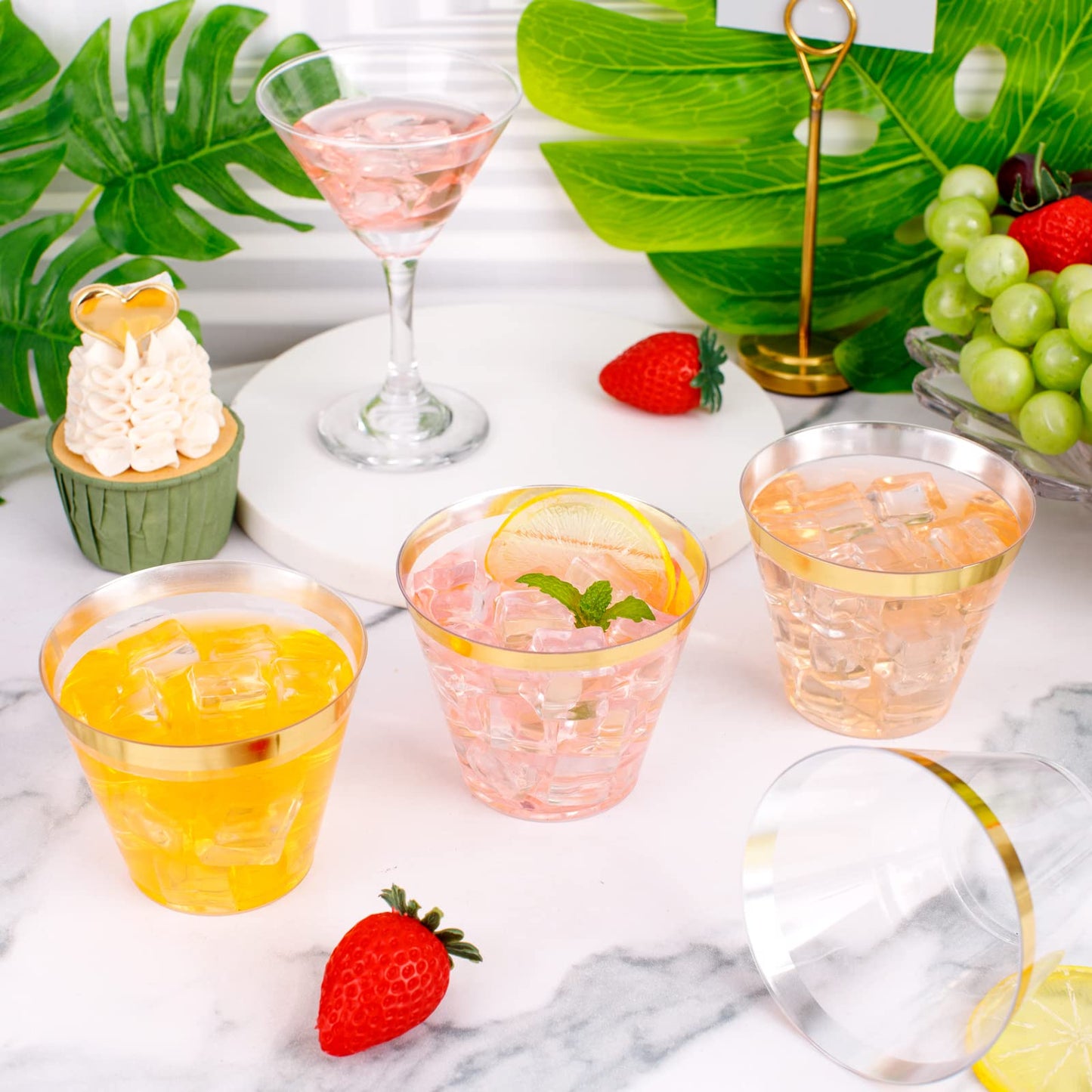 WELLIFE 120 PCS Gold Plastic Cups,9 oz Clear Plastic Cups,Disposable Wine Glasses,Disposable cups for Party and Wedding
