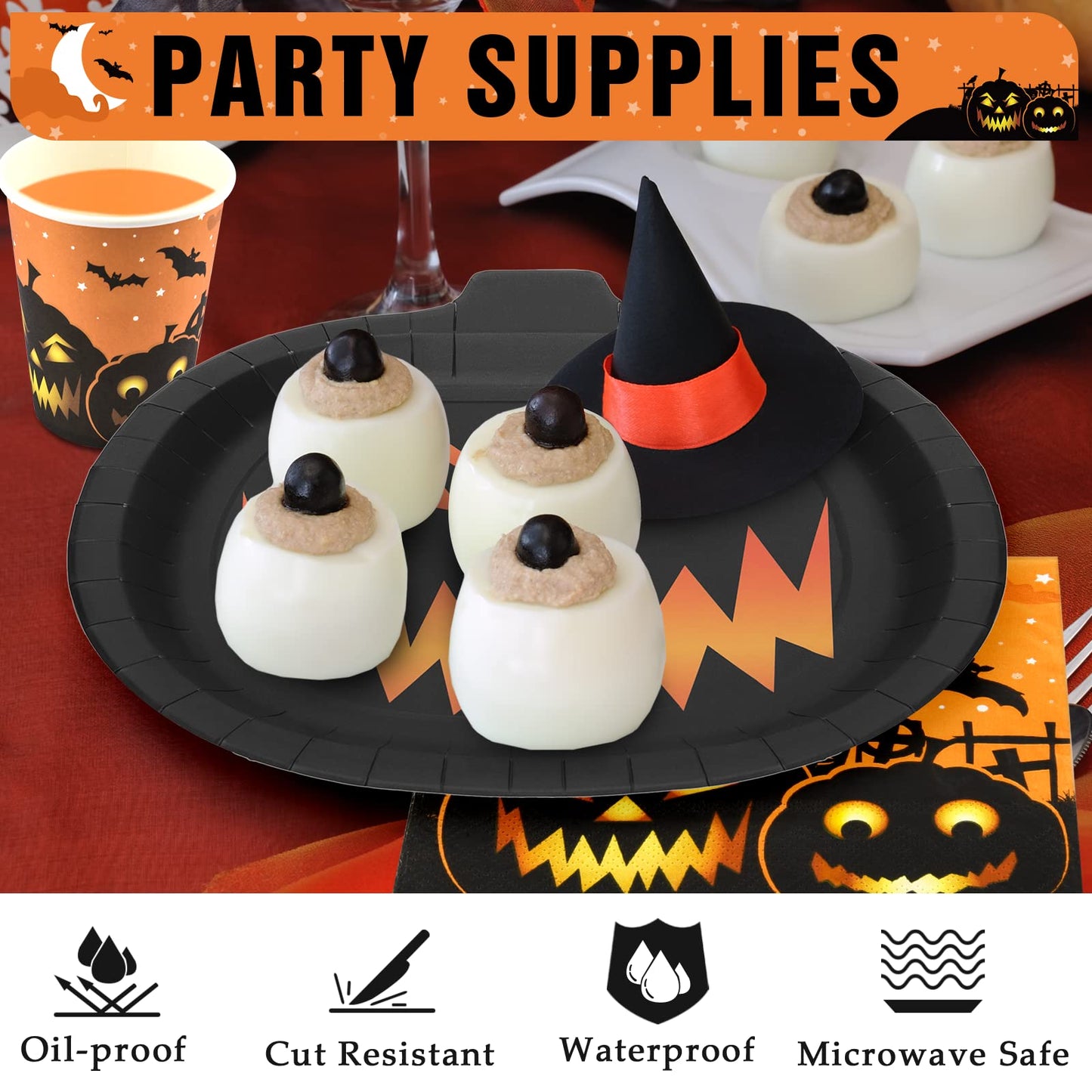 150Pcs Halloween Plates and Napkins Cups Party Supplies Disposable Dinner Dessert Appetizer Cutlery Plates Dinnerware Sets Black Pumpkin Jack-o'-lanterns Orange Spooky Decorations