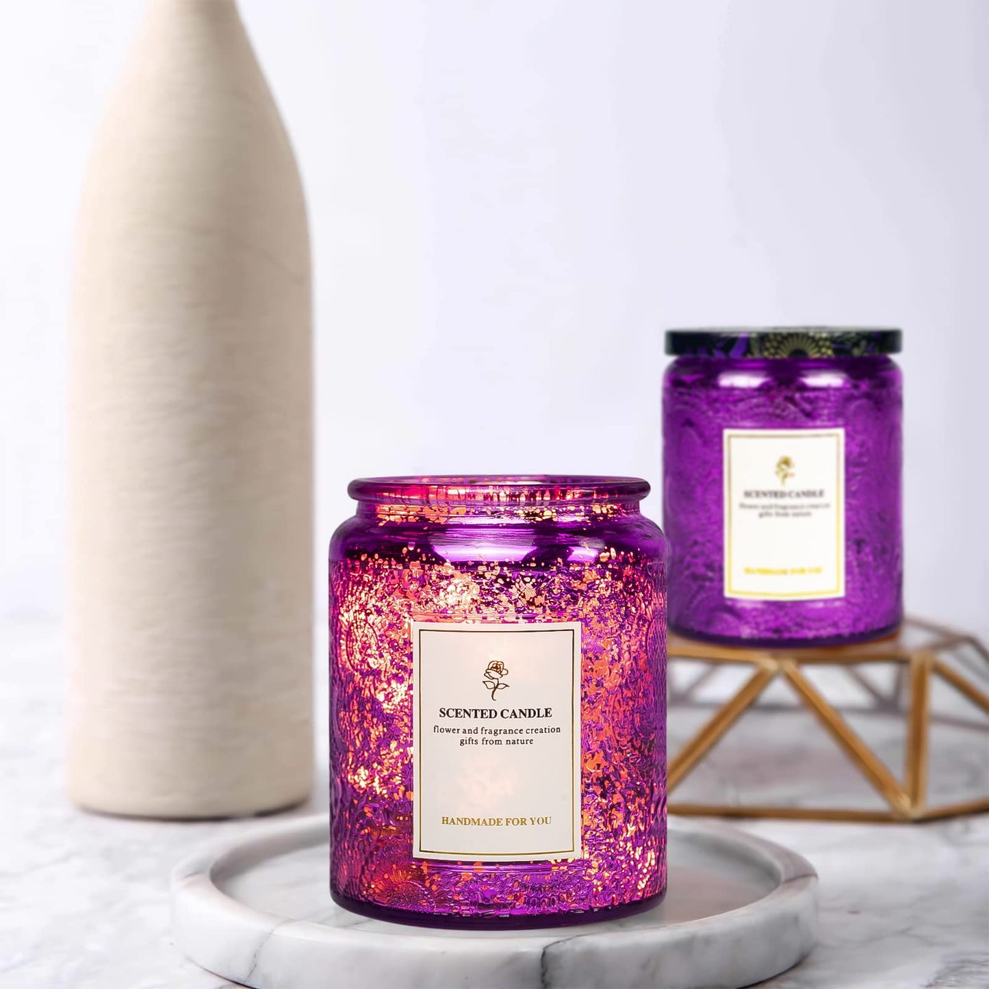 8.8oz Embossed Blinking Glass Candle Container, 9 Pack Electroplated Shining Candle Jar with Embossed Lid for Candle Making DIY Craft (Purple Embossed)