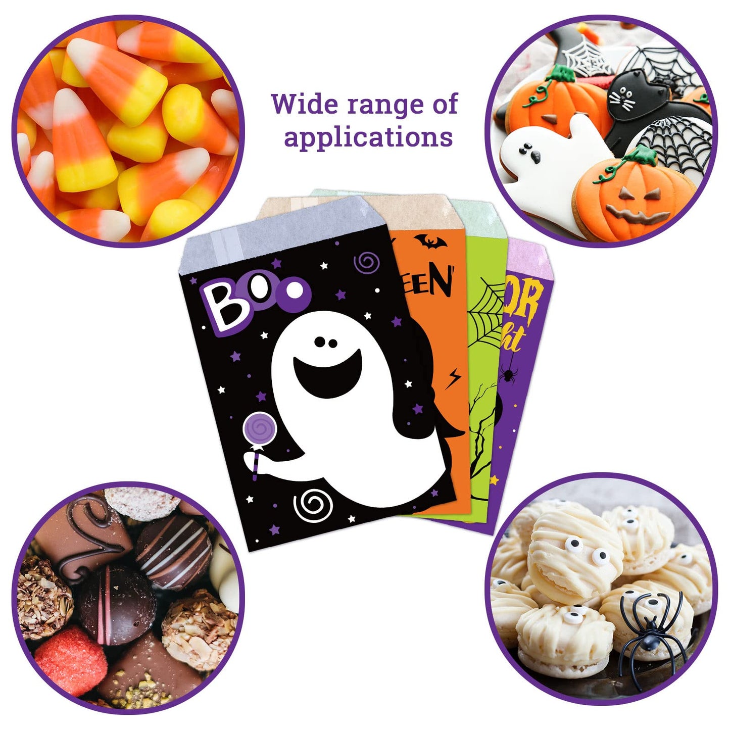 Whaline 120Pack Halloween Treat Bags 4 Designs Cartoon Grimace Pumpkin Cat Ghost Spider Pattern Candy Buffet Bags Trick or Treat Paper Gift Bags for Chocolate Cookies Goodies Halloween Party Favor