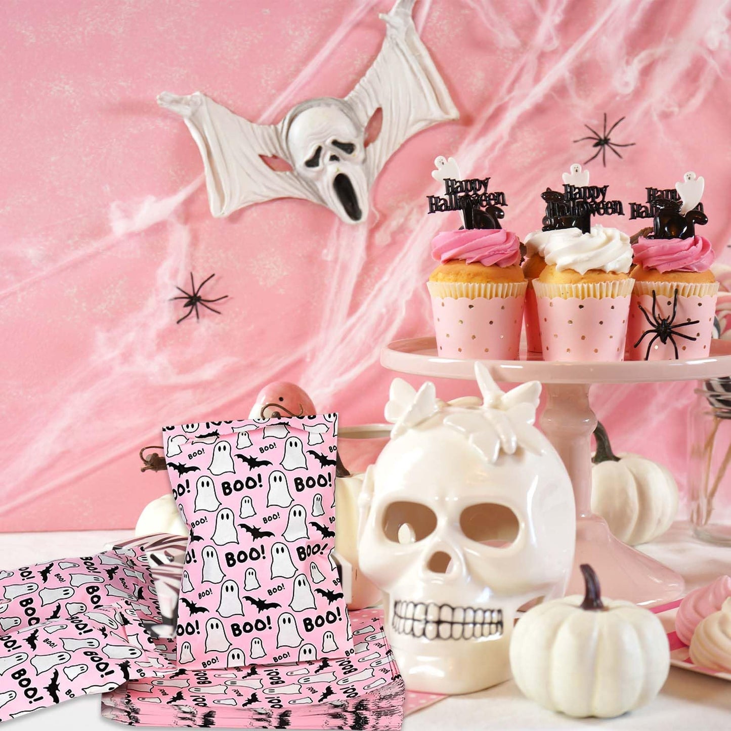 100pcs Halloween Treat Bags - Pink & Black Boo Ghost Paper Goodie Candy Bags for Trick or Treat Party Supplies