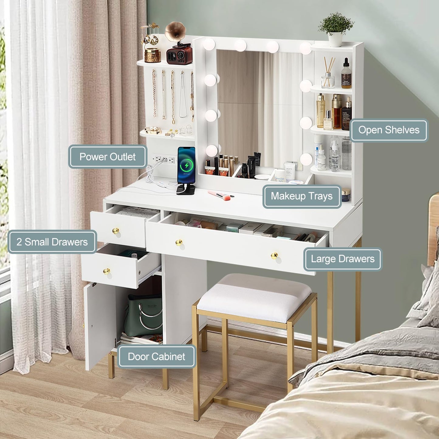 White Vanity Desk Set with Stool Mirror Lights 3 Color Lighting Dressing Table Makeup Station Charging Ports Large Beauty Desk for Bedroom Vanity Area