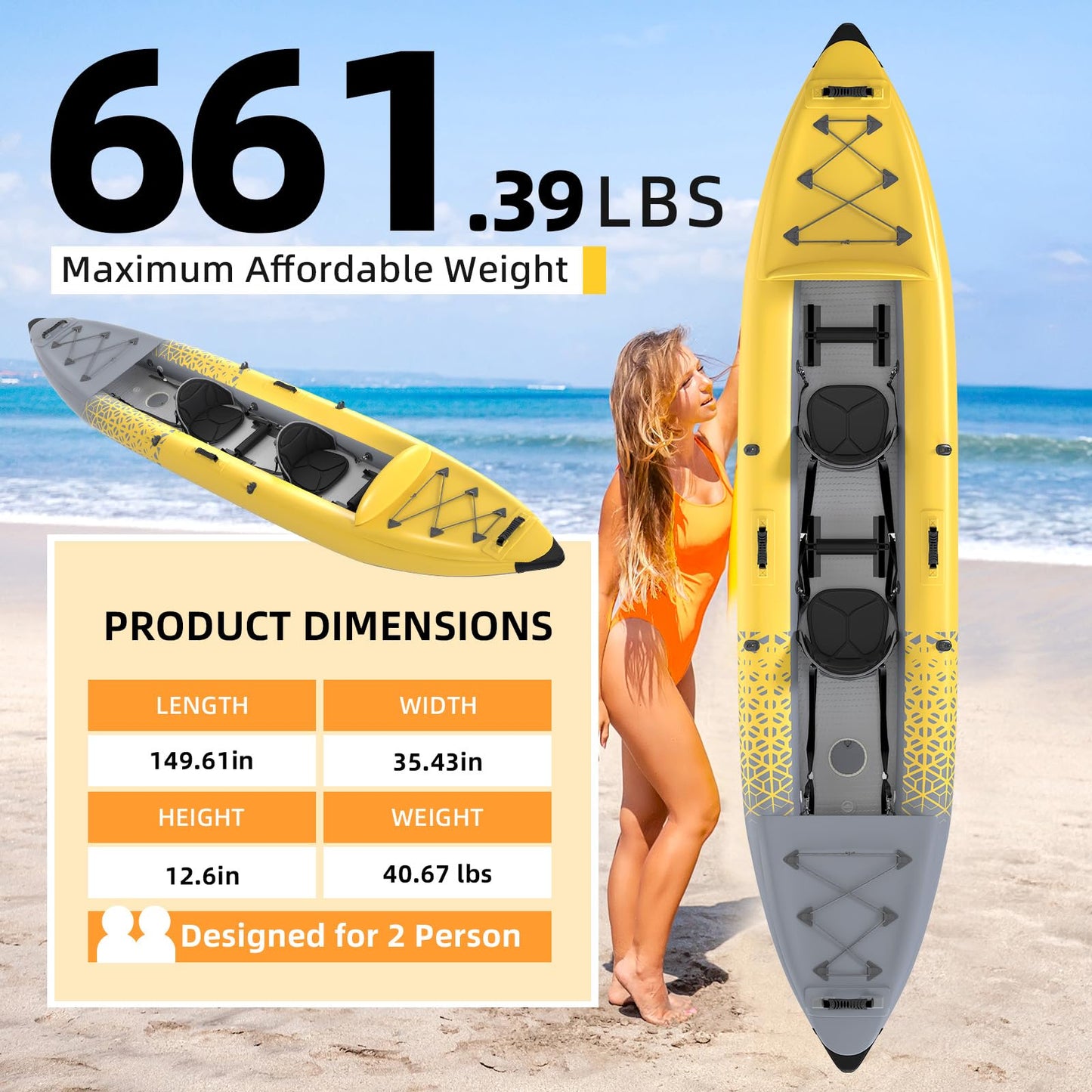 Danrelax 2-Person Inflatable Kayak for Adults, Heavy-Duty PVC, Drop-Stitch Floor, Lightweight, Portable, and Durable Tandem Kayak for Fishing, Touring, and Water Sports, Yellow