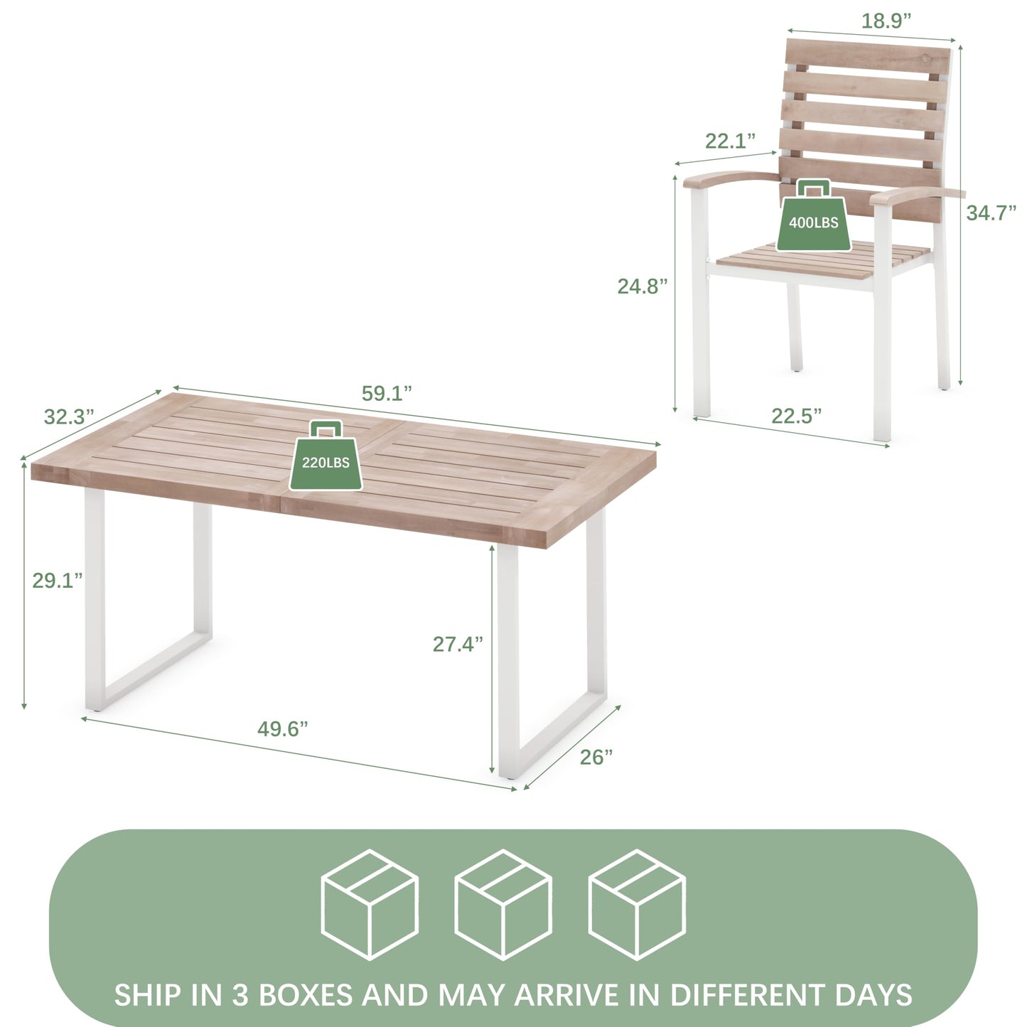 WiberWi 7 Piece Outdoor Dining Set for 6, Acacia Wood 59.1" Patio Table and Chairs Set with Metal Frame, Patio Dining Furniture Set for Garden, Balcony, Backyard, Poolside, Natural & White