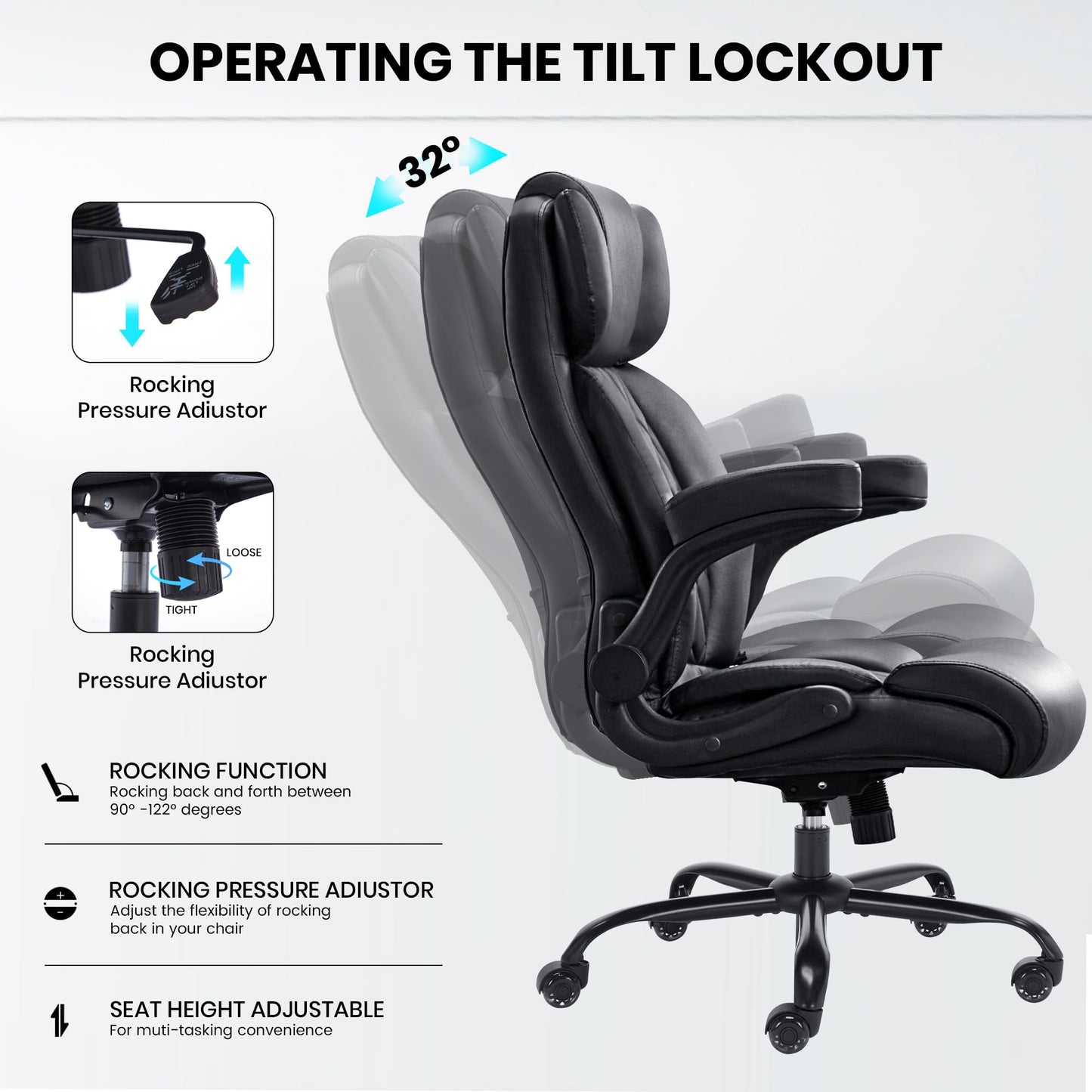 500lbs Big and Tall Office Chair Adjustable Lumbar Support for Back Pain, Extra Wide Seat Executive Ergonomic Comfy Computer Desk Office Chair Thick Armrest Pad, Heavy Duty Base&Upgraded Wheels