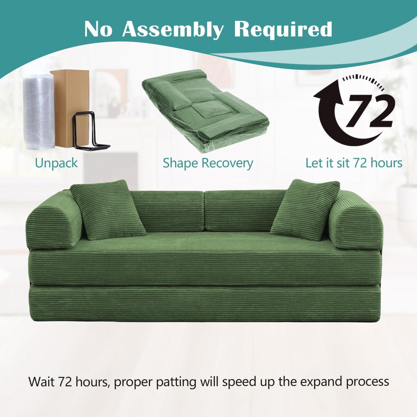 78'' Convertible Floor Sofa Bed, Comfy Foldable Sofa Bed, Modular Sectional Fold Couch with 2 Pillows and Fixed-Shape Frame, Lounge Couch for Living Room Bedroom Lounge Studio (A-Green)