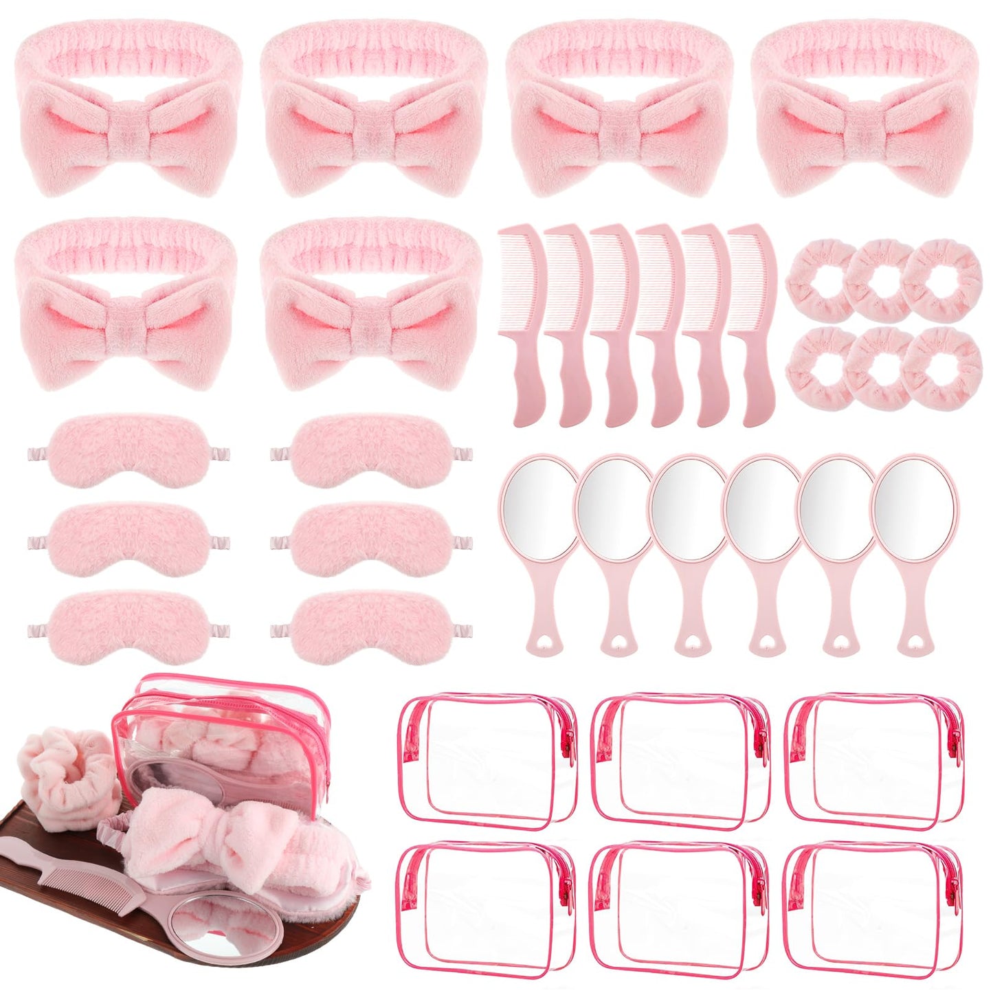 36 Set Spa Sleepover Party Supplies for Girls, 6 Pink Spa Headb 6 Pink Sleep Eye Mask 6 Velvet Hair Scrunchies 6 Organzer Bags 6 Mirrors 6 Combs for Slumber Party Spa Party Favors Gift Sleepover Party
