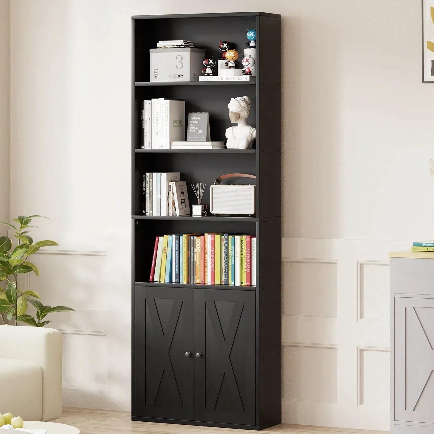 Vongrasig 6-Tier Open Bookcase and Bookshelf with Doors, Floor Standing Farmhouse Display Storage Shelves 71 Inch Wood Tall Bookcase for Home Office, Living Room, Bed Room, Black