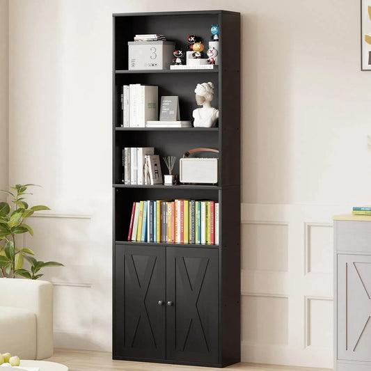 Vongrasig 6-Tier Open Bookcase and Bookshelf with Doors, Floor Standing Farmhouse Display Storage Shelves 71 Inch Wood Tall Bookcase for Home Office, Living Room, Bed Room, Black