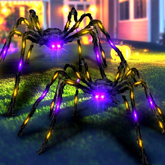 2 Pack 4.2Ft Halloween Giant Spider,Light up Spider with 24 Purple and Orange Lights,Light up Halloween Decorations Outside,for Yard Haunted House Window Party Porch Indoor Outside Decor