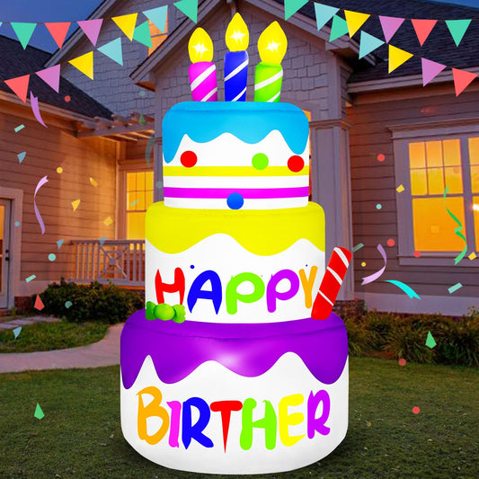 4 Ft Happy Birther Inflatable with 3 Candles Outdoor Decorations, Inflatable Cake with 6 LED Lights Happy Birther Blow Up for Indoor Home Holiday Party Patio Garden Yard
