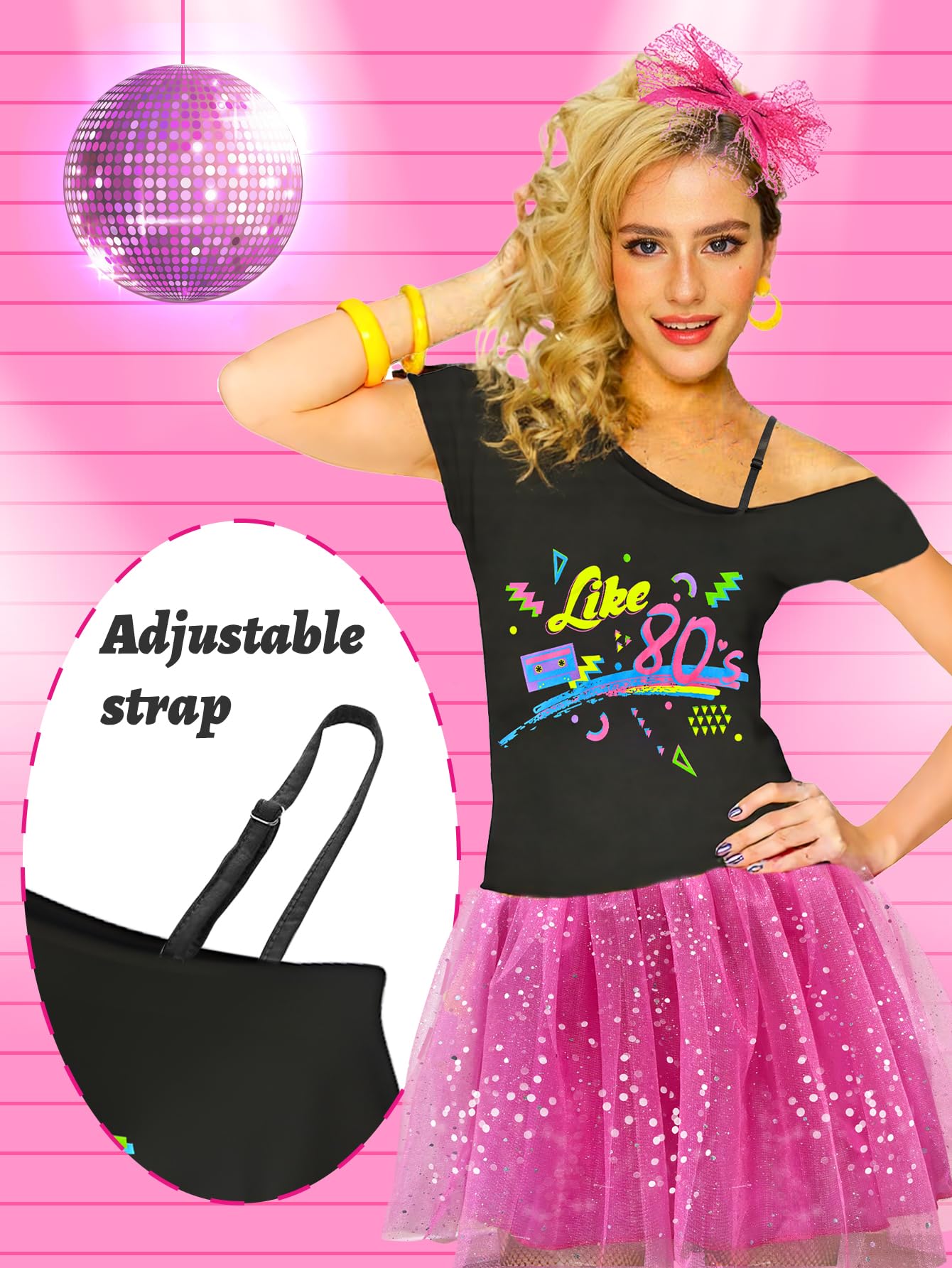 XXLOG 80s Outfit for Women T-Shirt Tutu Skirt with Accessories 80s Costumes Set for Retro Theme Party Pink M