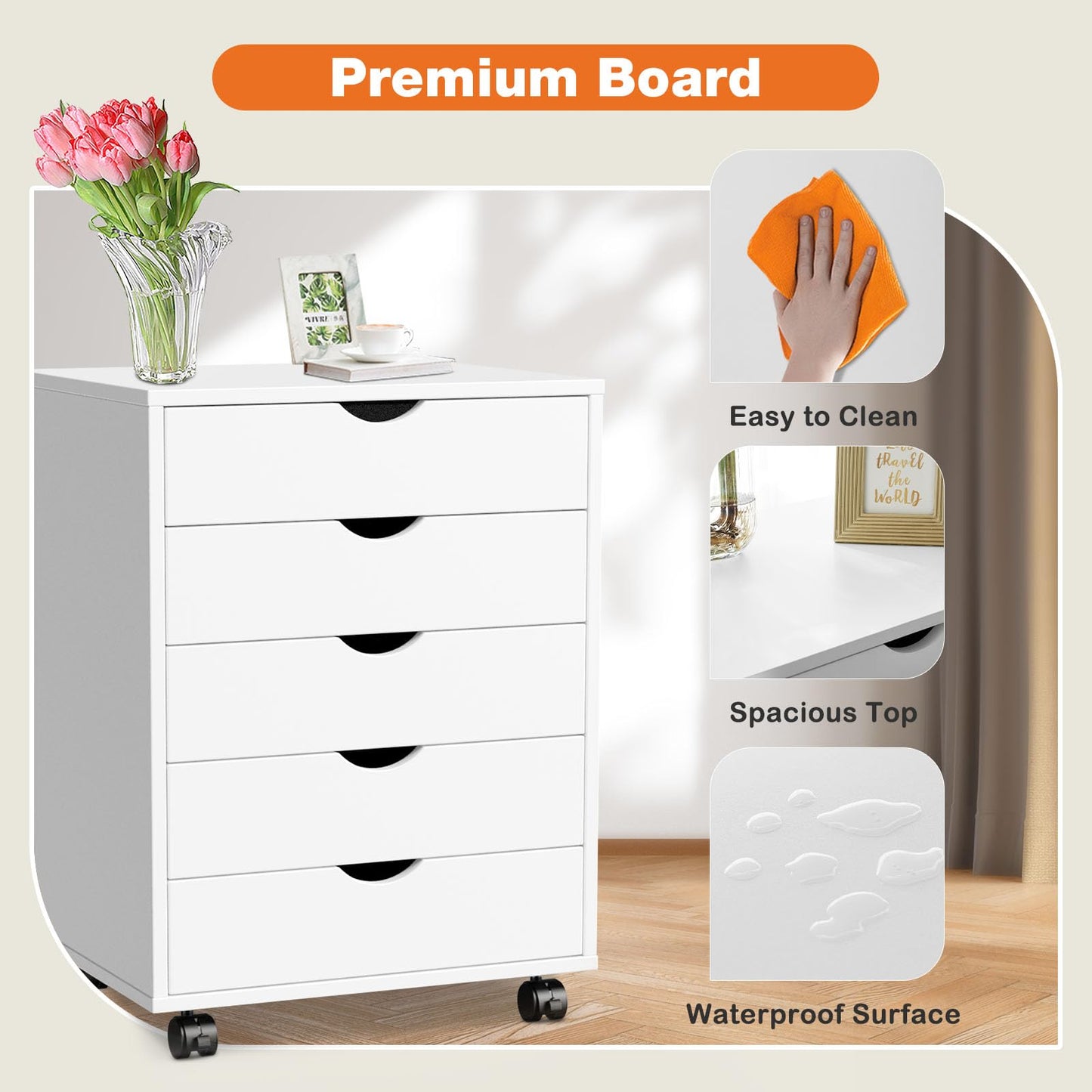 Whitmor 5-Drawer Wood Dresser with Wheels, Mobile Storage Cabinet for Home Office, Small Rolling Chest Organizer for Bedroom, Closet, Under Desk or Room Organization, White