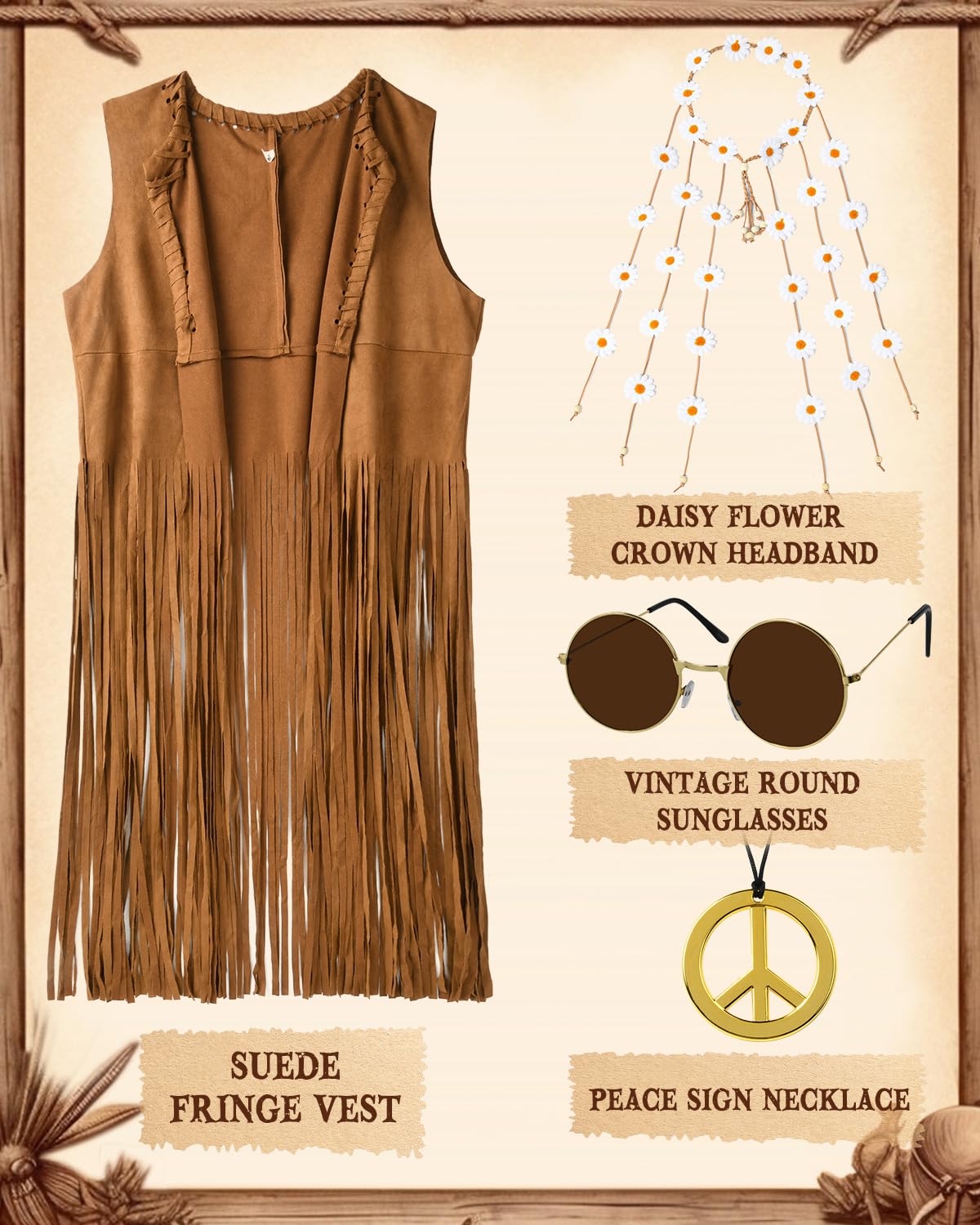 60s 70s Outfits Hippie Clothes for Women Disco Suede Fringe Vest Western Shirts Accessories Woman Cowgirl 1970 Style Decades Day Boho Costume Tops Flower Crowns (M)