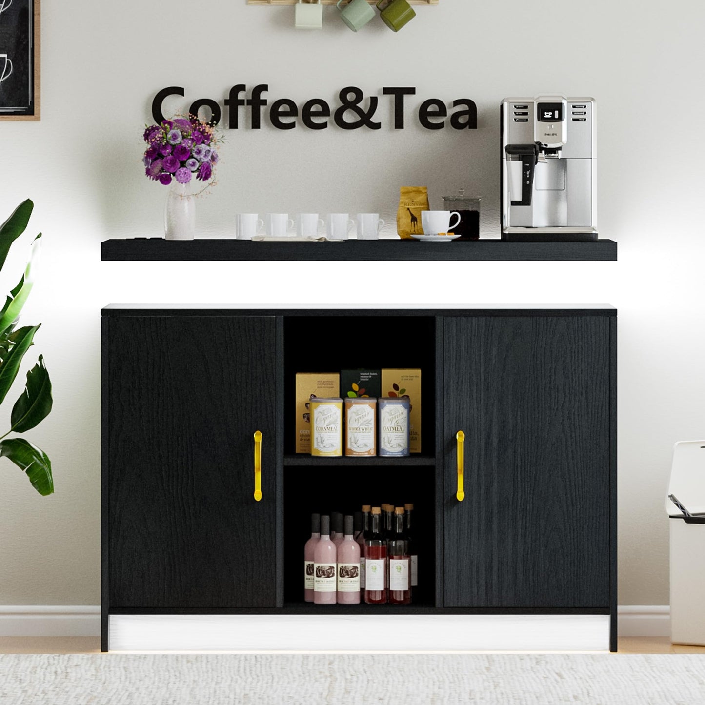 4 EVER WINNER Buffet Cabinet with Storage, Modern Sideboard Cabinets with Led Lights, Floating Coffee Station with Adjustable Shelves, Coffee Bar Cabinet for Kitchen, Dining Room