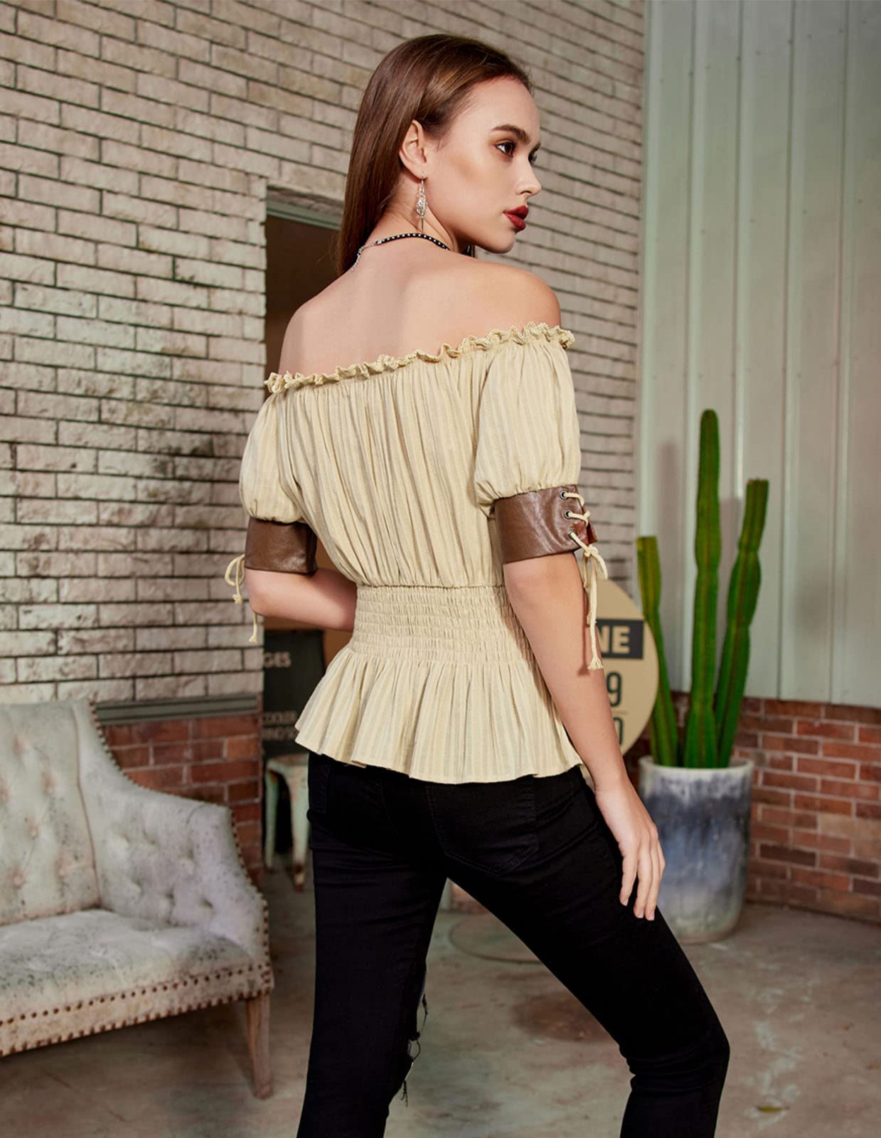 Women's Victorian Gothic Top Renaissance Peasant Smocked Off Shoulder Shirts Khaki M