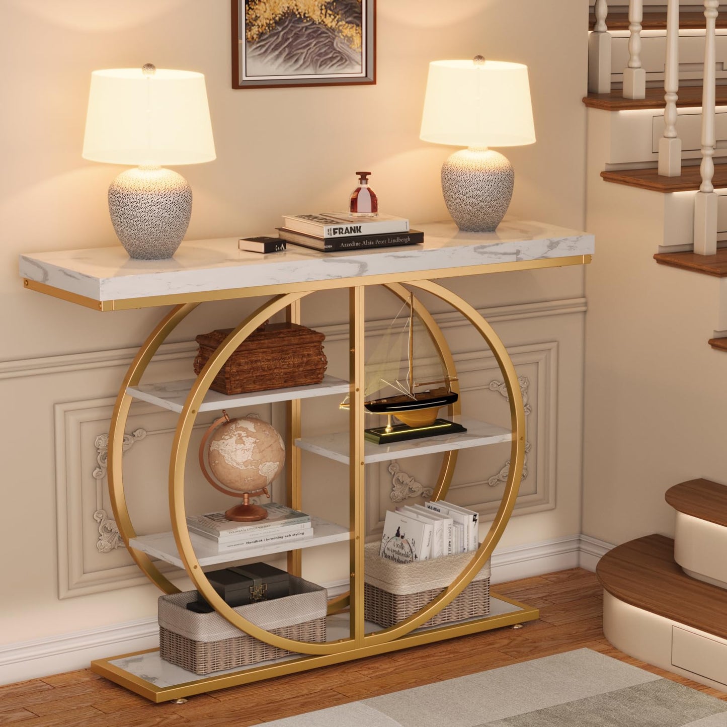 41.3" Console Table for Entryway, Industrial Hallway Sofa Table with Storage Shelves, Narrow Accent Decor Living Room Furniture with Circle Base for Foyer, Entrance, White Gold