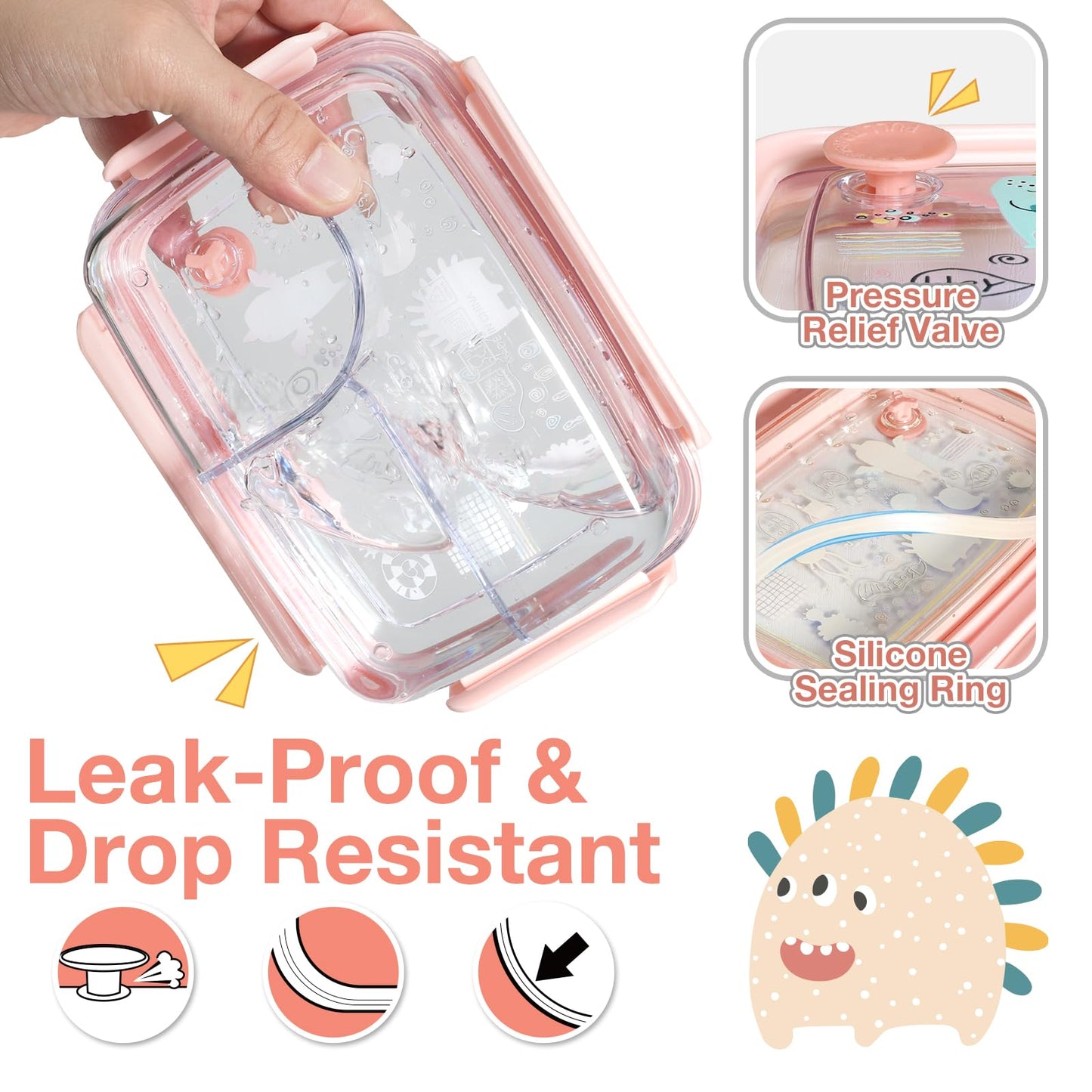 WHALEHOUSE Clear Eco-friendly ECOZEN PCTG Bento Lunch Box for Kids, 3 Compartment Durable Plastic Meal Prep Container, Airtight Food Storage Containers with Snap Locking Lids (Pink, 750ML)