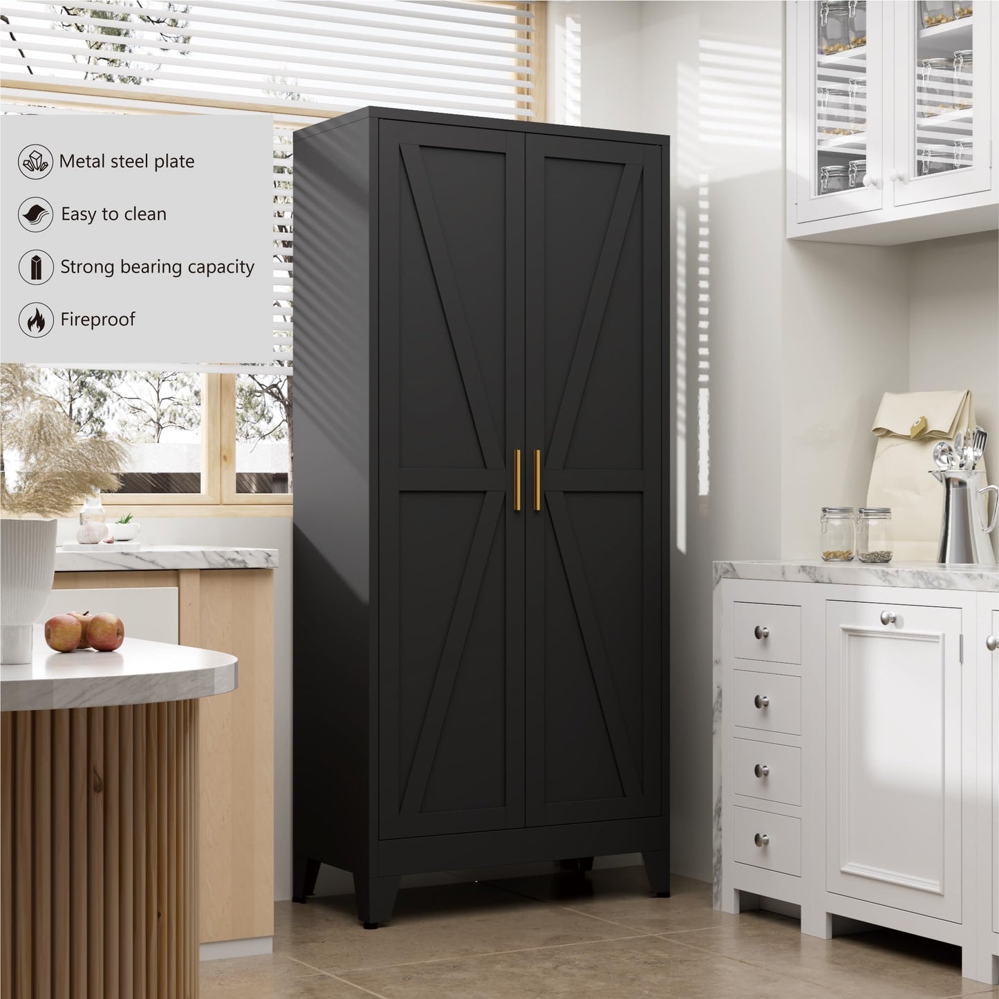 61" Kitchen Pantry Cabinet, Farmhouse Metal Storage Cabinet with 2 Doors and 3 Adjustable Shelves, Metal Pantry Closet Cabinets for Kitchen Bathroom, Home Office, Living Room