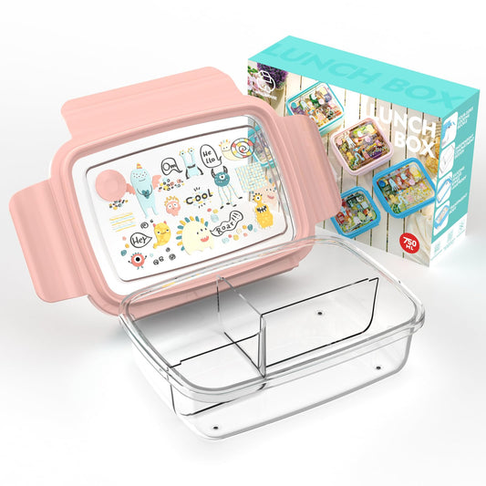 WHALEHOUSE Clear Eco-friendly ECOZEN PCTG Bento Lunch Box for Kids, 3 Compartment Durable Plastic Meal Prep Container, Airtight Food Storage Containers with Snap Locking Lids (Pink, 750ML)