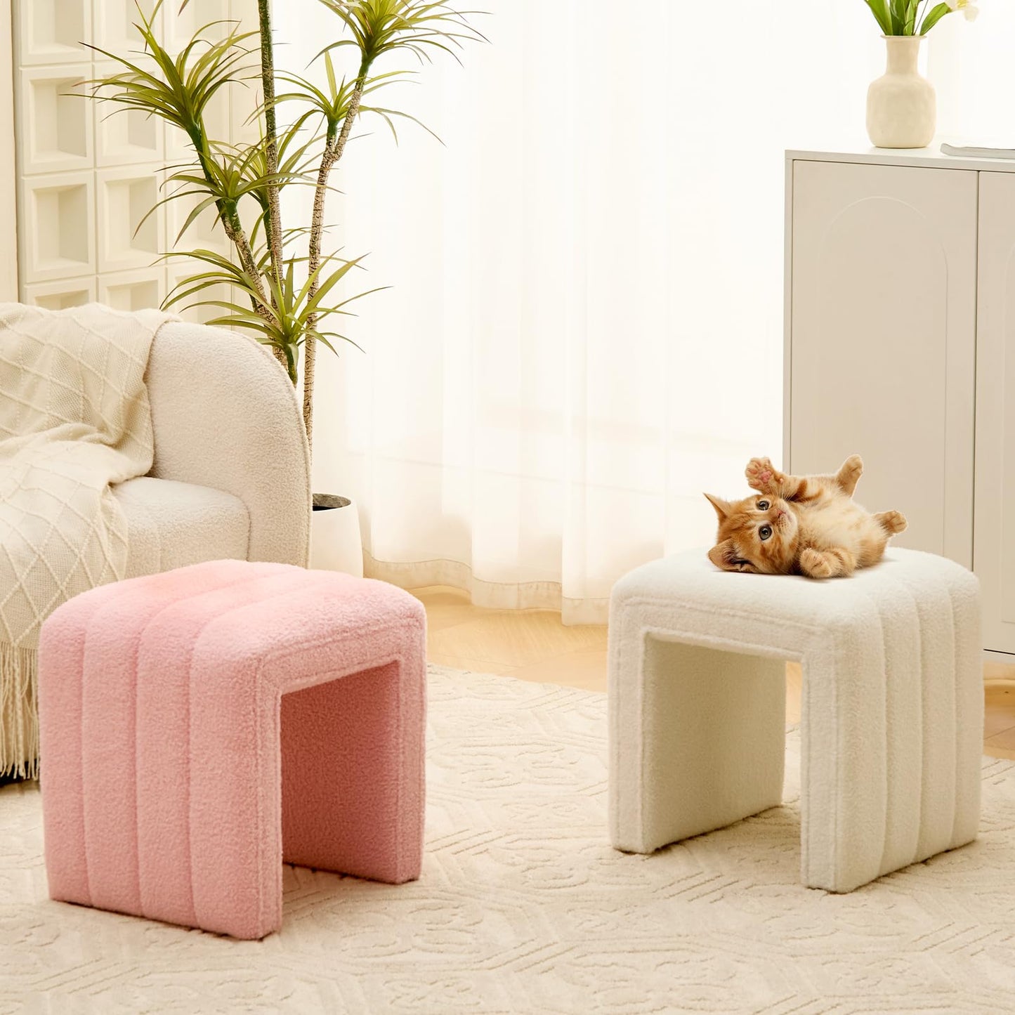 Wimarsbon Vanity Stool Chair, Modern Teddy Velvet Ottoman Footrest, Sofa Bench Footstool Extra Seat, Home Decor for Makeup Room, Living Room, Entryway, Office (White)