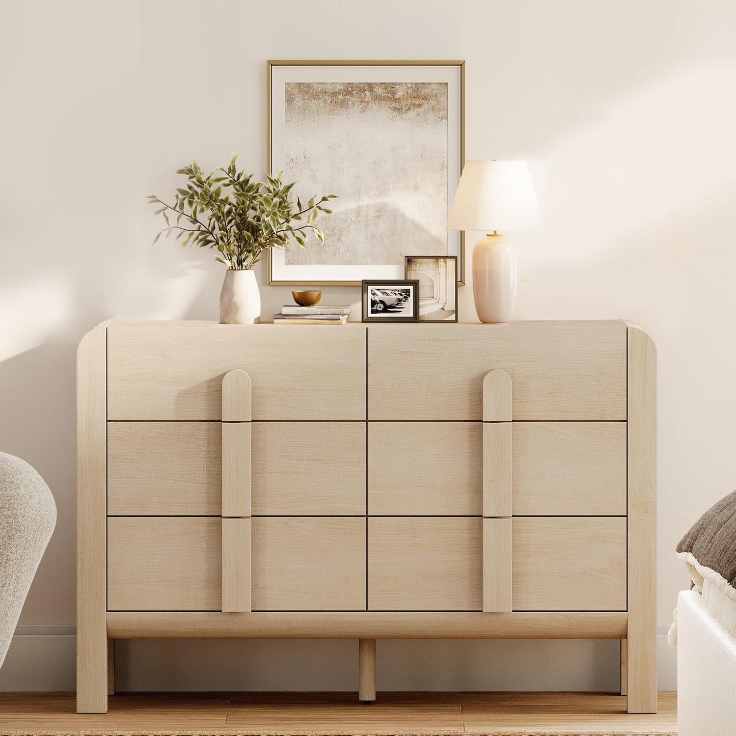 WAMPAT 6 Drawers Dresser for Bedroom, 47.2" Wide Mid Century Modern Chest of Drawers, Wooden Dressers TV Stand with Curved Profile Design, Storage Organizer for Bedroom, Closet, Hallway, Light Oak