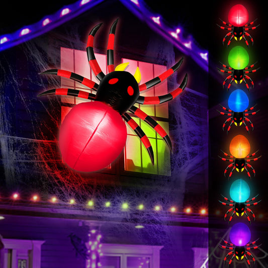 4 Ft Halloween Inflatables Spider Outdoor Decoration Climbing on Window or Hanging Porch, Scary Blow Up Spider with 6 Color Changing Lights, Perfect for Home Yard Patio Garden Lawn Holiday Party Decor