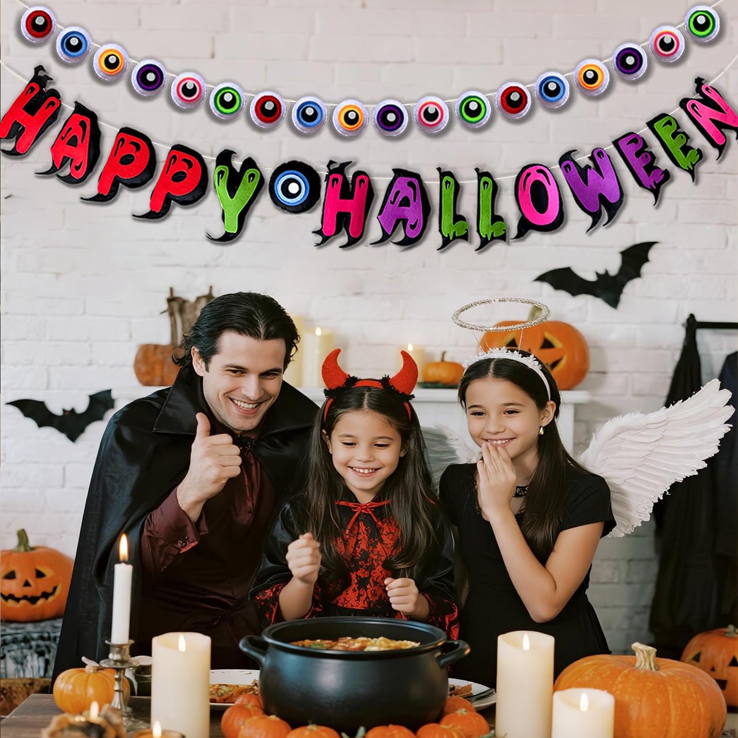 2Pcs Felt Halloween Banner Decorations, Pre-Strung Happy Halloween Garland with Eyeballs, Reusable Halloween Party Decorations for Mantle Wall Mantel Fireplace Home Indoor Outdoor Décor