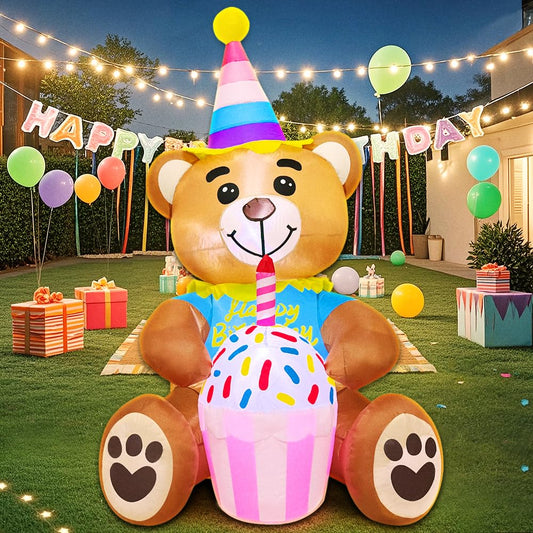 5FT Inflatable Bear with Birthday Cake Blow up Outdoor Yard Decorations, Built-in LED Lights for Holiday Party Garden Lawn Indoor Home Celebration