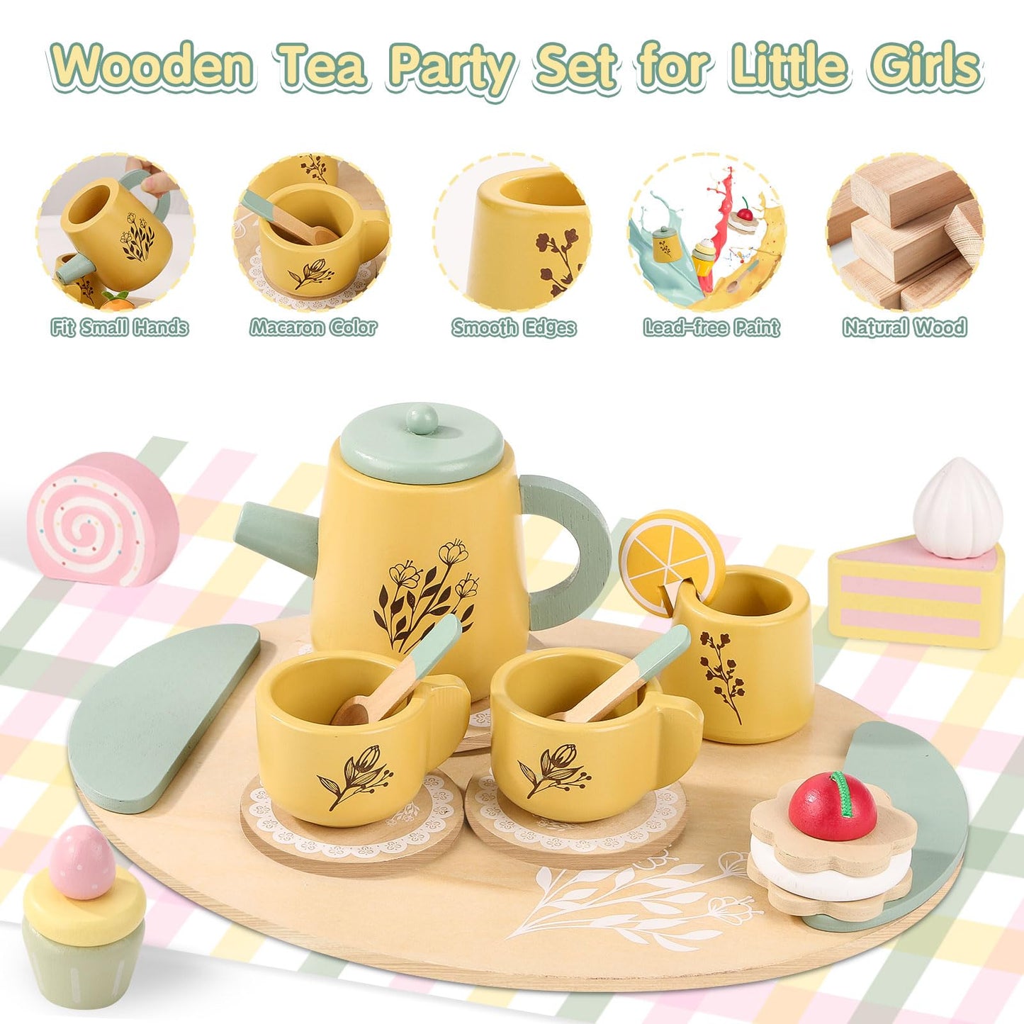 Wooden Tea Party Set for Little Girls, Toddler Tea Set with Cupcake Stand & Food Dessert, Pretend Play Food Kitchen Accessories for Kids Girls Age 2 3 4 5 6 Birthday Gift Wood Educational Toys