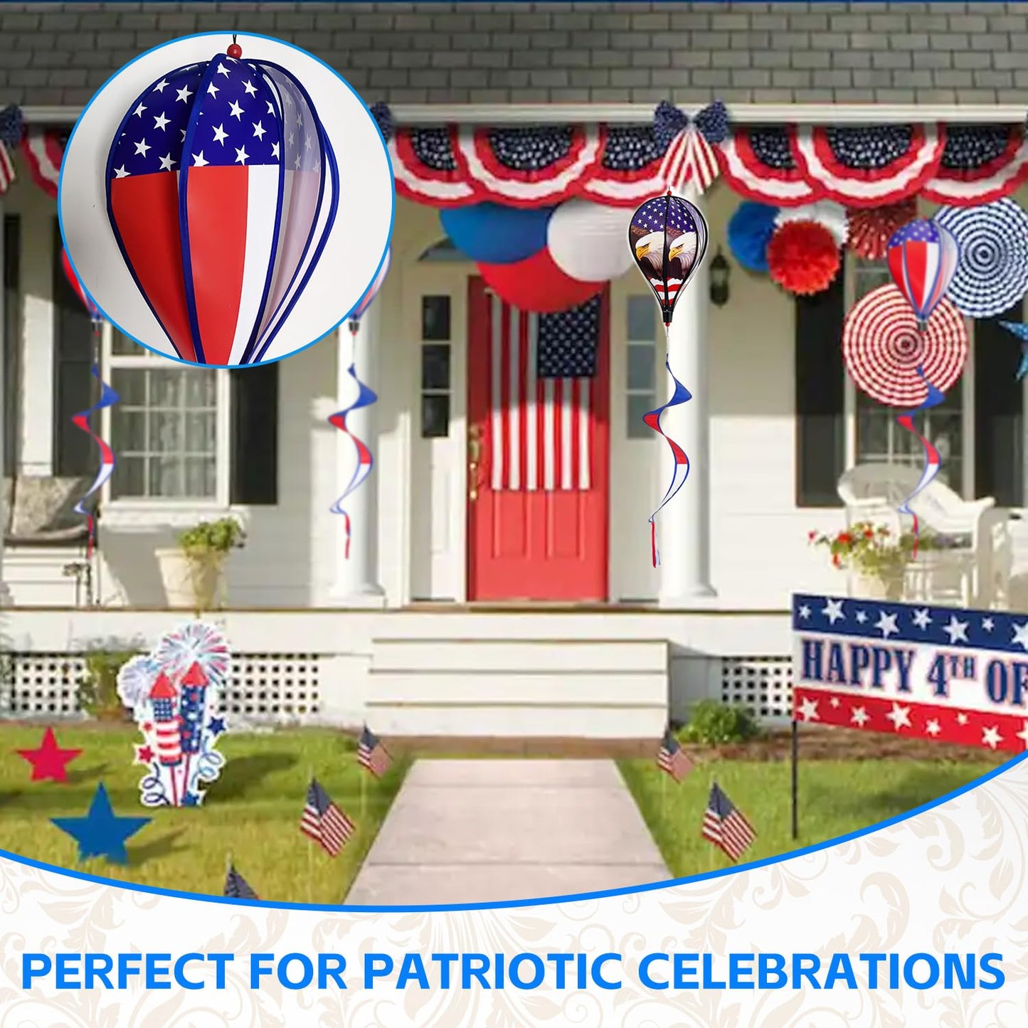 2 Pack 43-Inch Patriotic American Flag & Eagle Hot Air Balloon Wind Spinner Twister, Outdoor Hanging Windmill Decor for Garden Lawn Yard, Fourth of July, Memorial Day, and Veterans Day Decorations