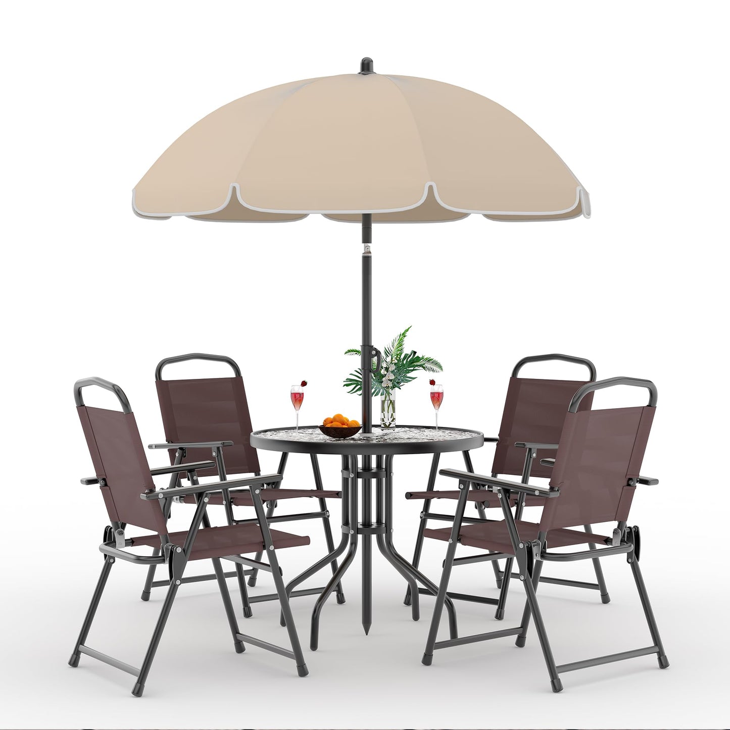 6 Pieces Outdoor Dining Set With Umbrella, Patio Table and 4 Folding Chairs With Umbrella, Garden Patio Furniture Set With Umbrellas, Tempered Glass Top Dining Table