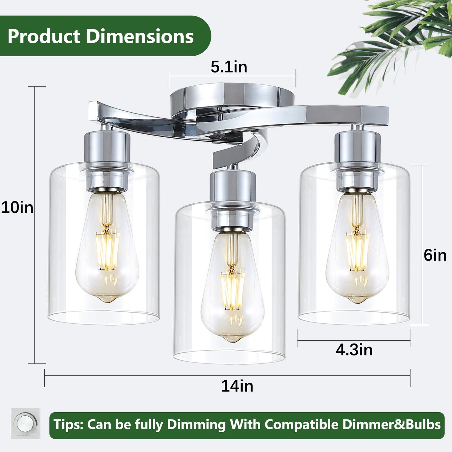 3WWWUEE 3-Light Semi Flush Mount Ceiling Light, Modern Close to Ceiling Light Fixtures with Clear Glass Shades, Chrome Light Fixture for Kitchen, Dining Room, Hallway, Entryway, Foyer
