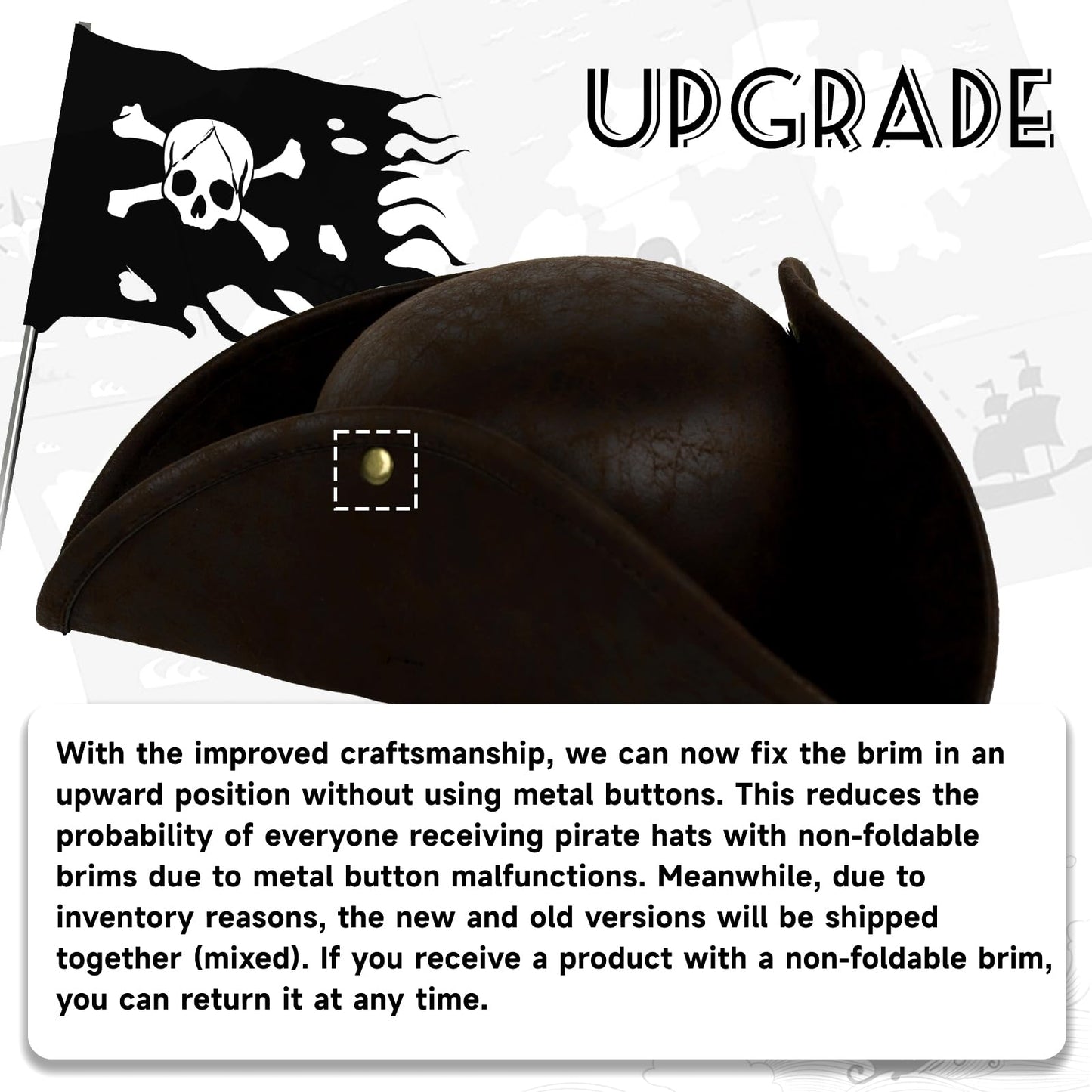 VZQI Pirate Hat Distressed Colonial Style Tricorn Hat for Adult Halloween Costume Accessory Pro