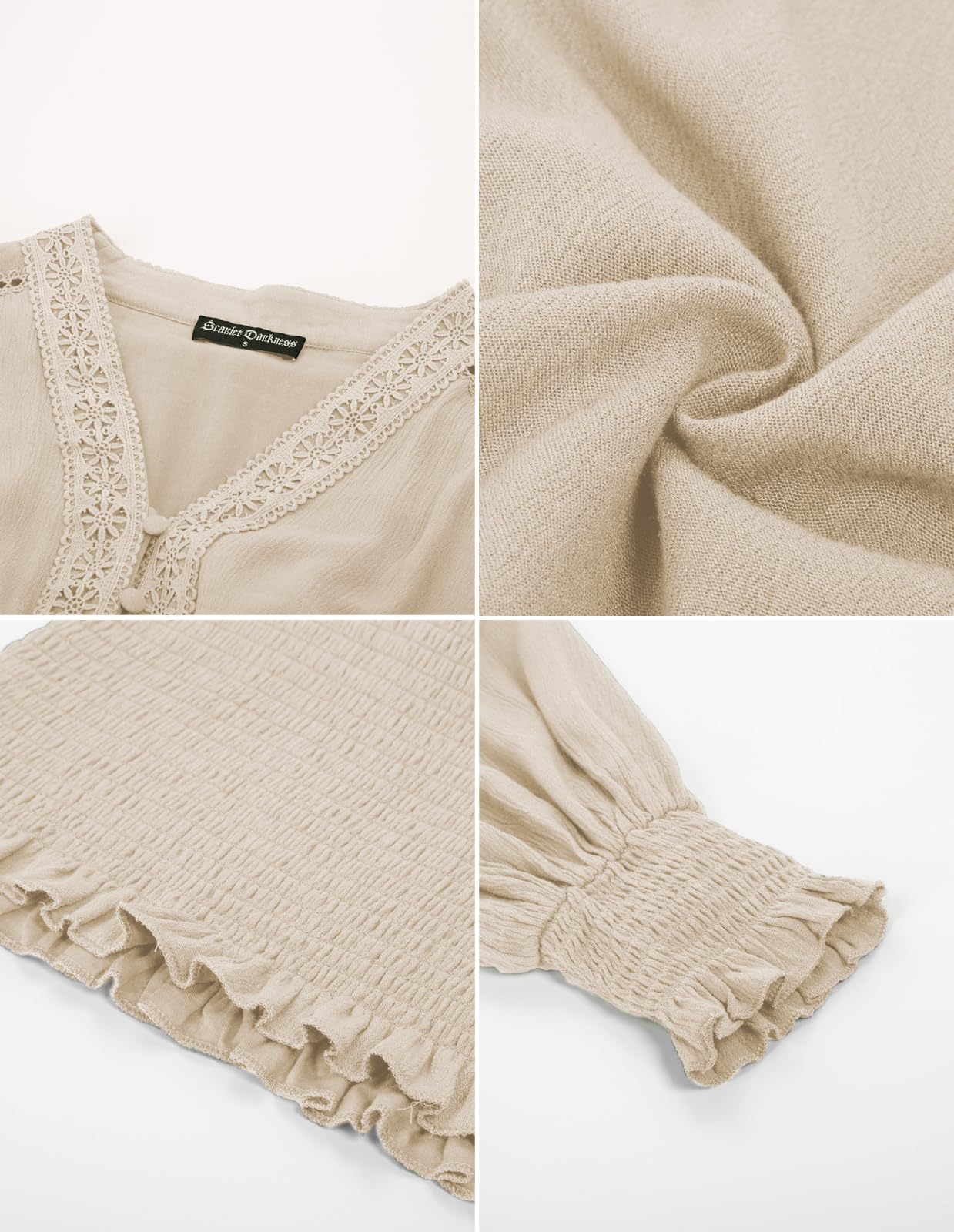 Women's Renaissance Peasant Blouse Smocked Waist Boho Shirts Pirate Tops Beige Medium