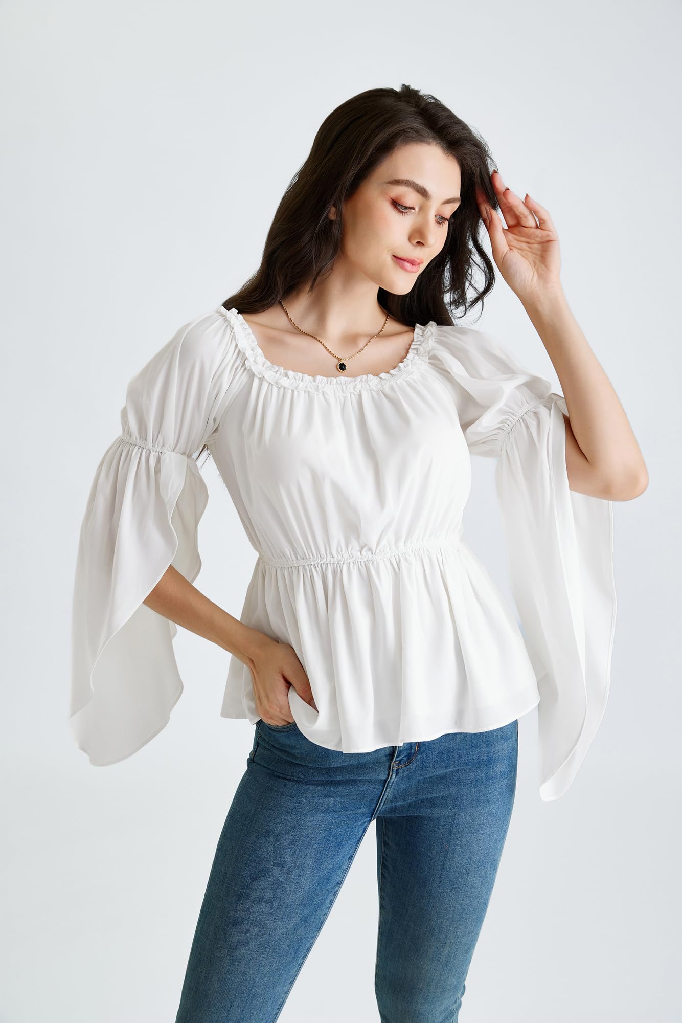 Womens Renaissance Shirt Summer Trumpet Sleeve Tops Chiffon Blouse White M