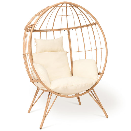 Wicker Egg Chair with Cushion,Outdoor Rattan Egg Basket Chair 350lbs Capacity Oversized Patio Lounge Chair for Living Room,Backyard,Balcony,Beige