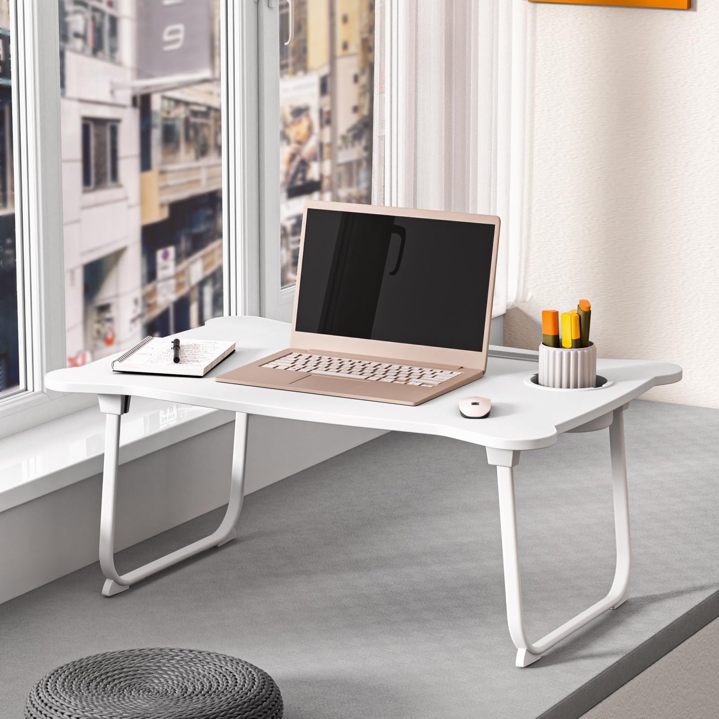 Washranp Laptop Desk for Bed Lap Bed Table Folding Couch Laptop Lap Desk with Storage Drawer, Cup Holder & Tablet Slot Foldable Breakfast Tray Portable for Reading Writing, Sofa & Floor White