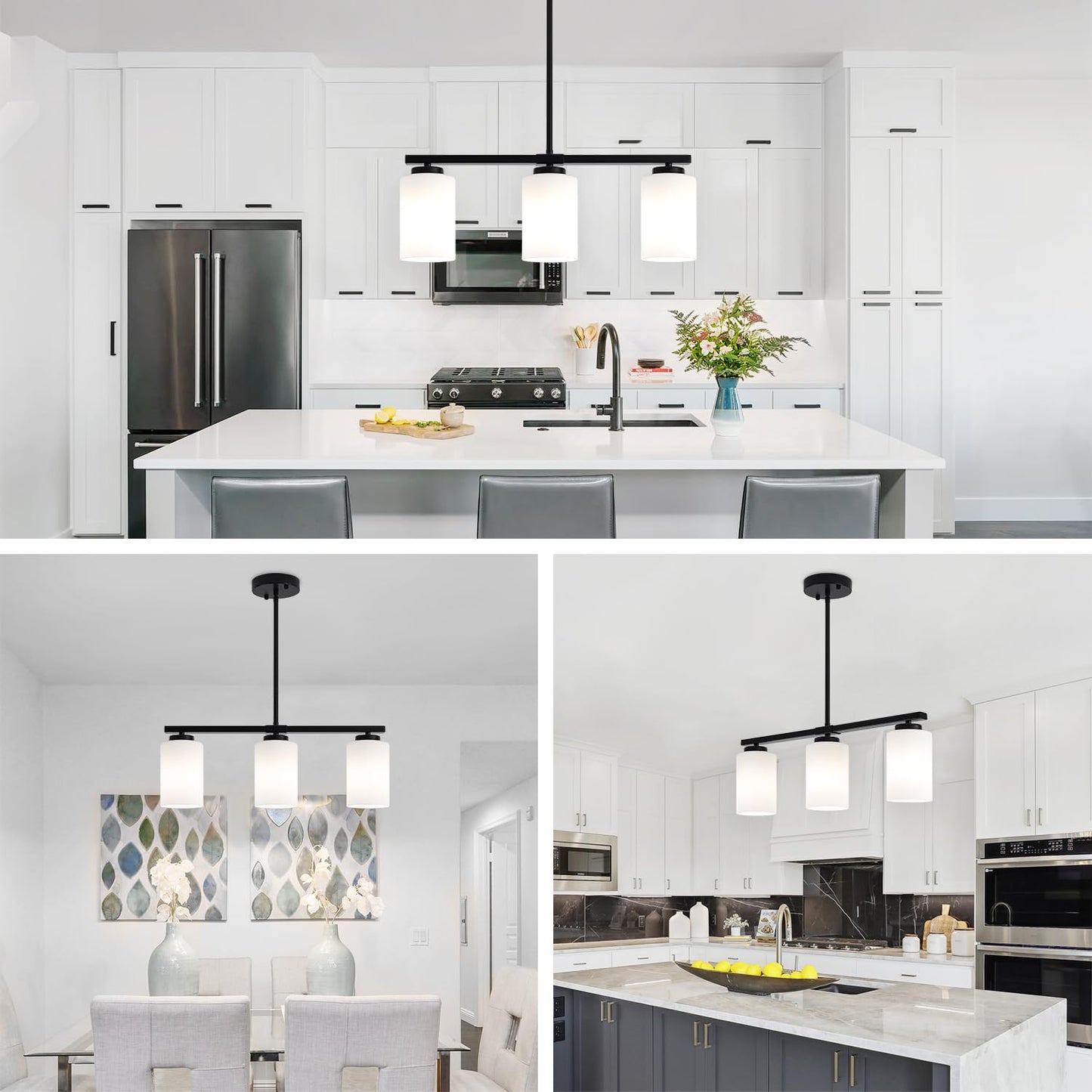 21.25'' Kitchen Island Light Fixtures, 3-Light Modern Dining Room Light Fixture, Black Pendant Lights with Milk Glass Shade, Linear Chandelier over Dining Table Lighting with Adjustable Rod, UL Listed