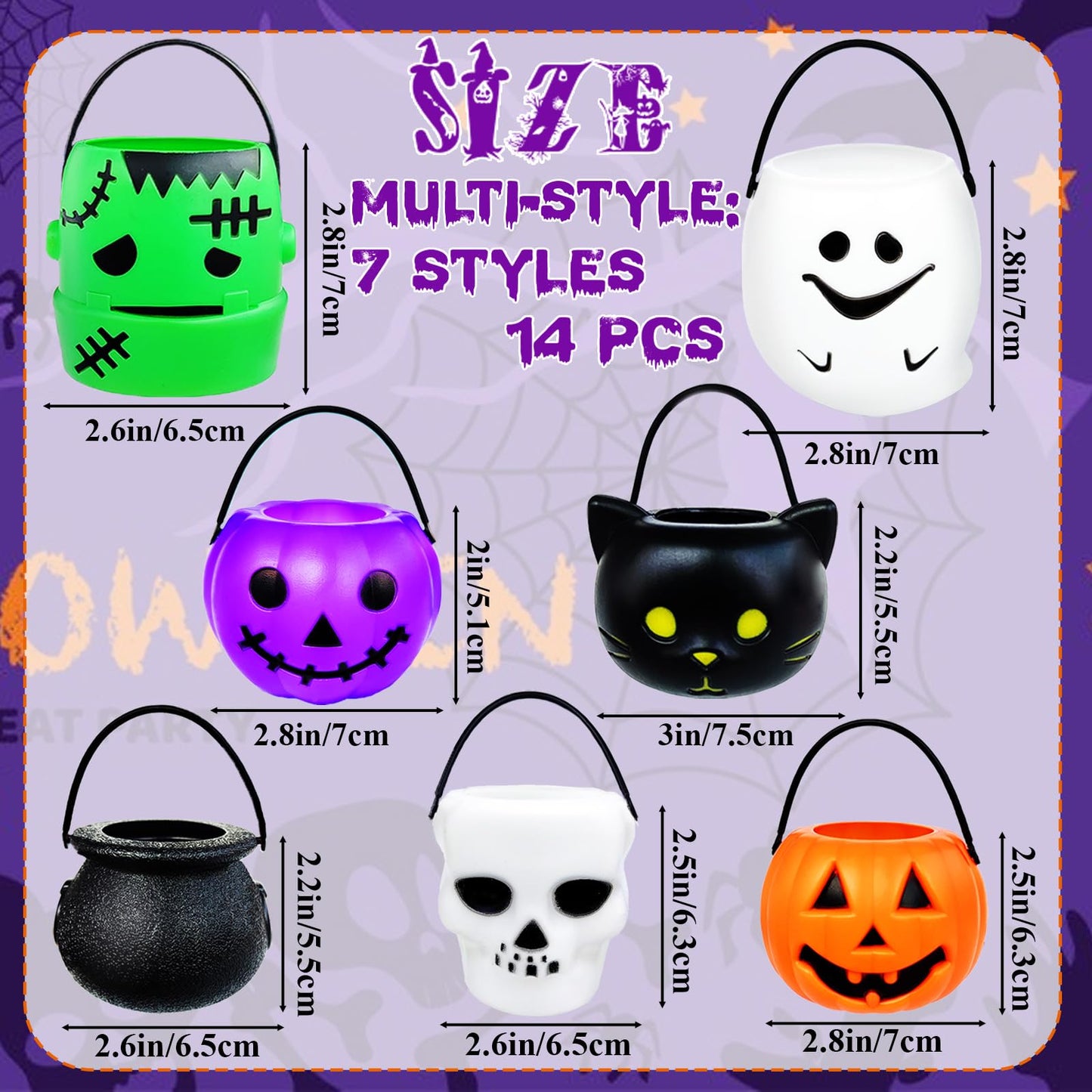 14 PCS Mini Halloween Candy Holder,Portable Pumpkin Ghost Cauldron Bucket with Candy Bags Black Wire Ties Halloween Party Supplies for Kids,Trick or Treat