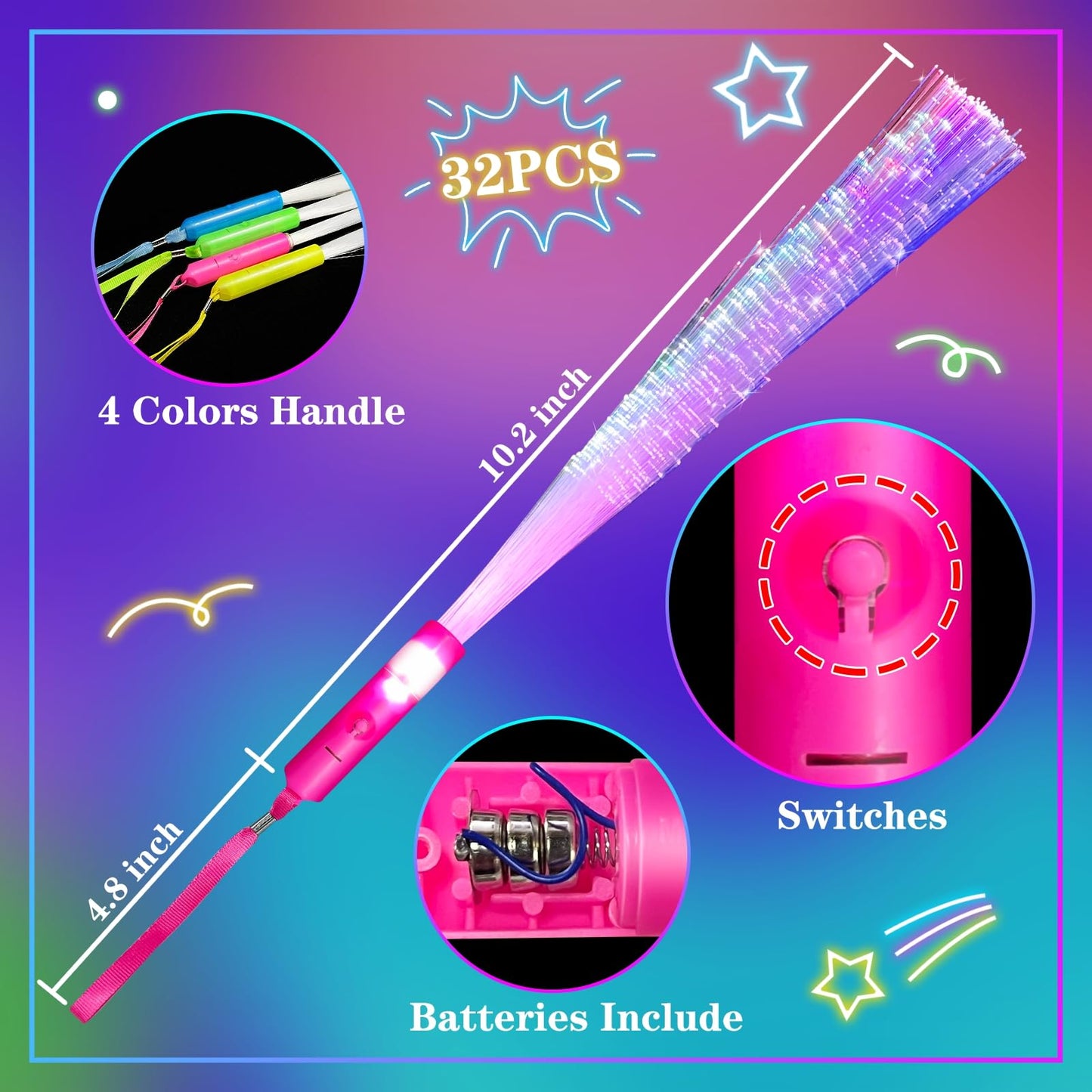 32 Pcs Colorful Glow Fiber Wands,Toys Glow Sticks Bulk Party Pack for Kids Adults,Glow in the Dark Party Supplies for Back to School Halloween , Wedding, Birthday,Classroom,Concert,Pool Party Favors