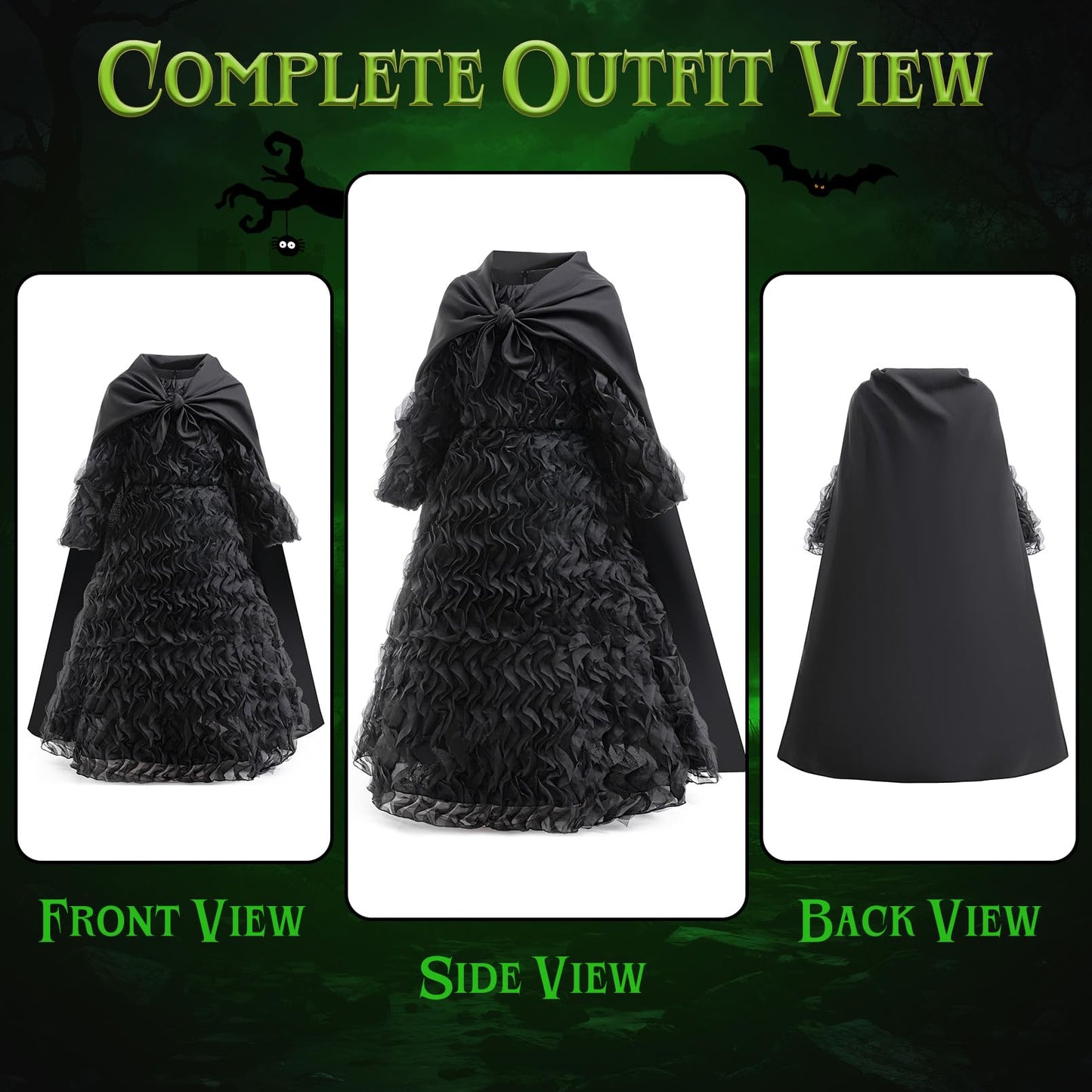 Witch Costume for Girls - Halloween Costume for Kids, Black Ruffled Witch Dress with Witch Hat, Cape, Glasses Cosplay Outfit