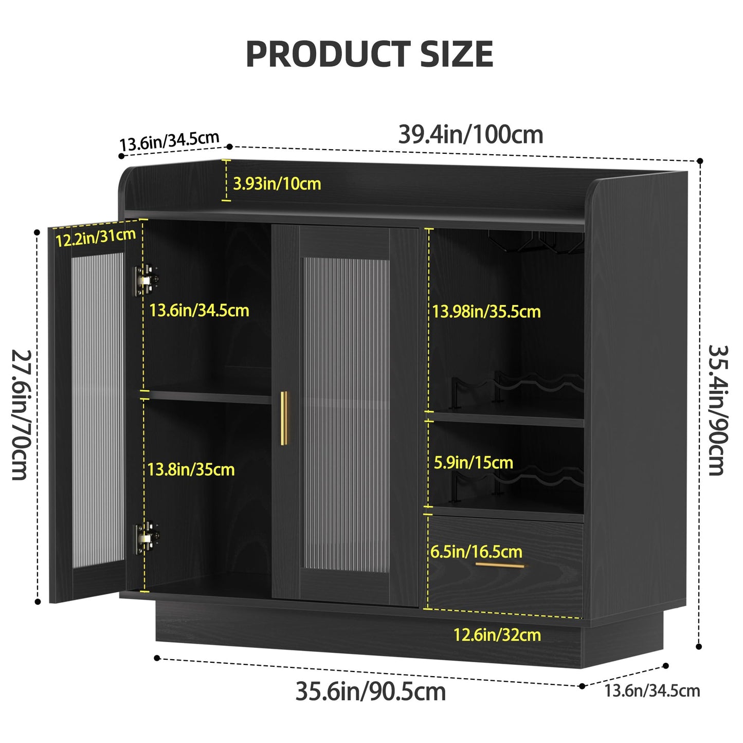 Wine Bar Cabinet with LED Light, Floating Coffee Cabinet with Wine and Glass Rack, Kitchen Buffet Sideboard with Glass Doors and Drawer, Modern Liquor Cabinet for Home, Kitchen, Living Room, Black