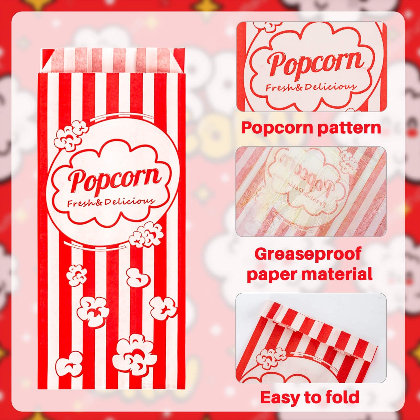 100PCS Popcorn Bags Individual Servings - MAQIHAN Disposable Paper Popcorn Bags Party Pop Corn Sleeves Bulk Carnival Halloween Snack Packs Gift Favor Treat bolsas para palomitas Movie Night Supplies