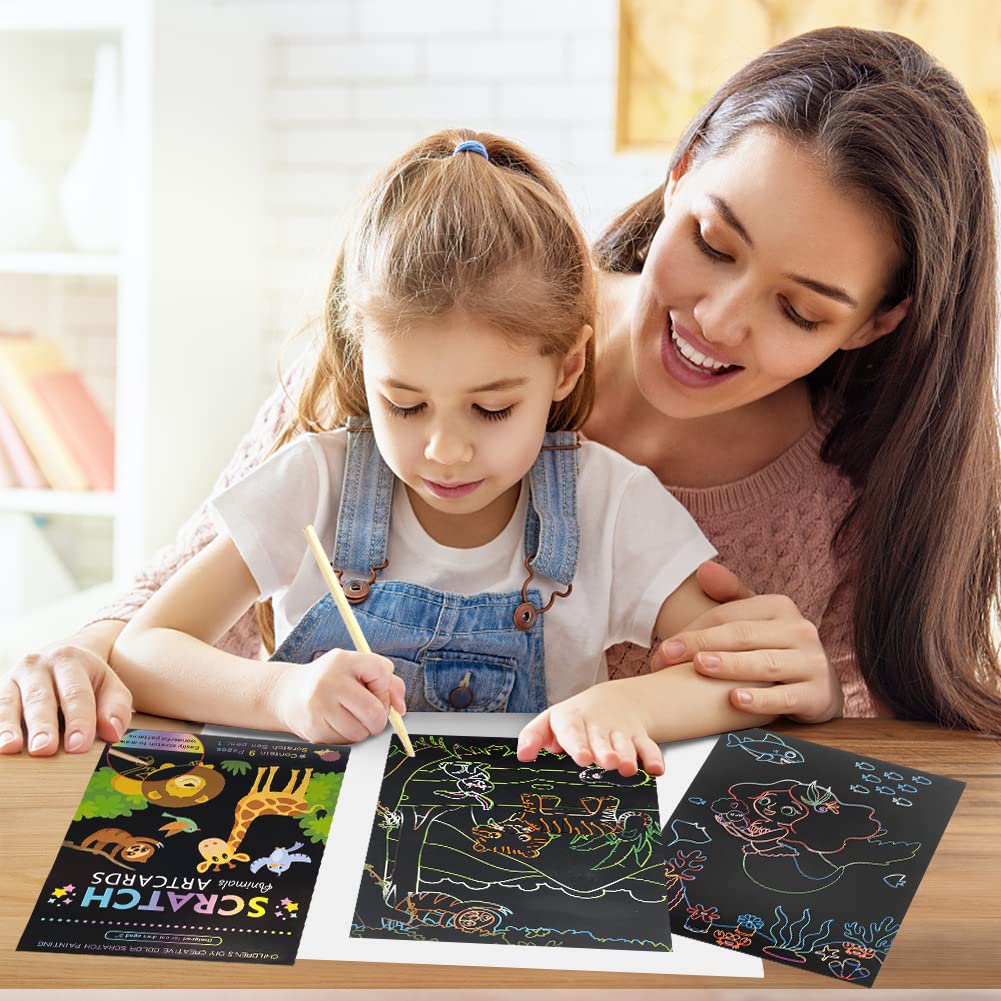 3Set Scratch Paper Art for Kids, Colorful Magic Drawing Book for Children Girls, Rainbow Scratch Off Craft Painting Book with 3 Scratch Pen for Birthday Party Games, DIY Projects Kits Craft Gifts