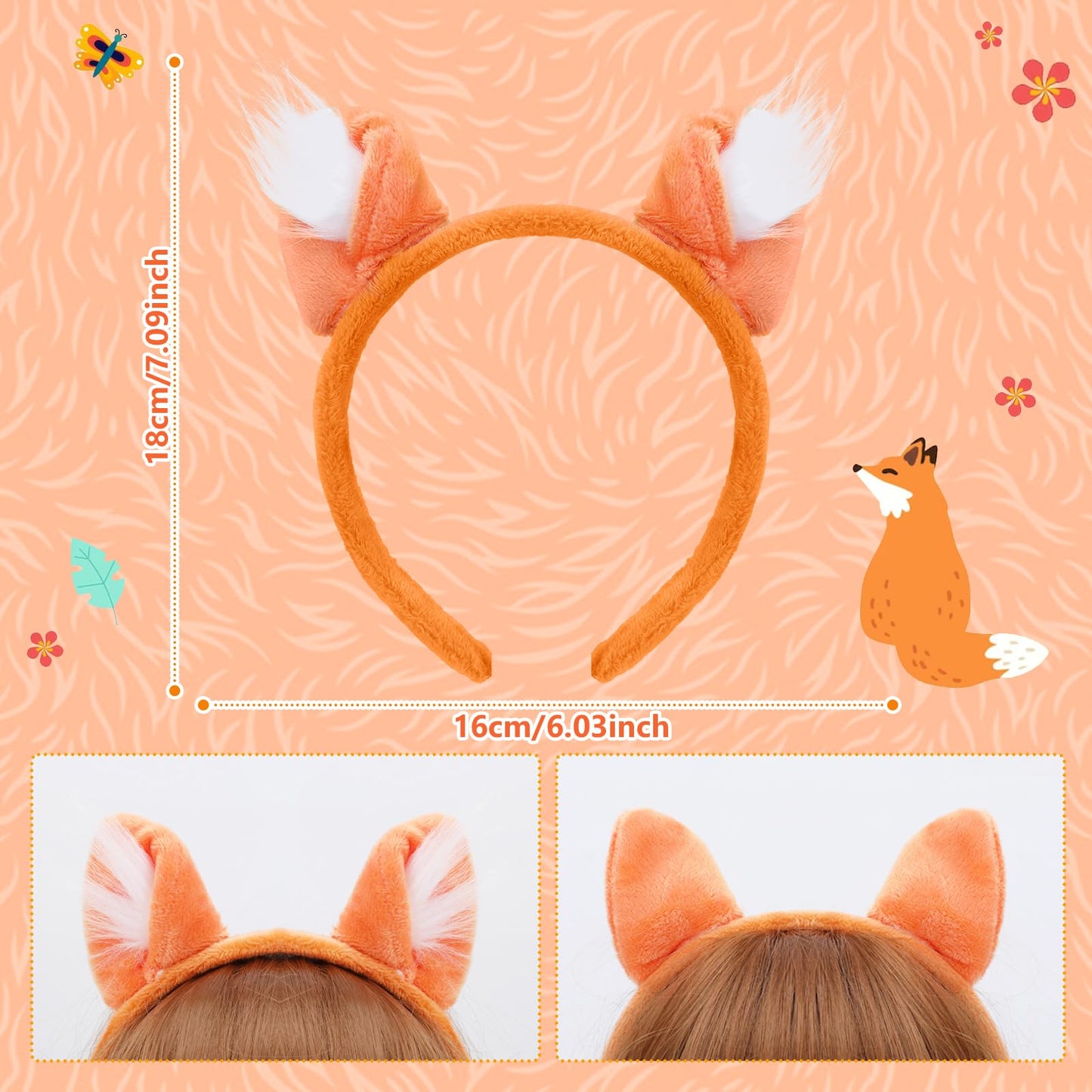 XEPST Animal Fox Costume Set, Fox Ears and Tail Set with Headband Tail and Mask for Animal Costume Cosplay World Book Day Birthday Party Accessories Halloween Costume Fancy Dress Party Supplies