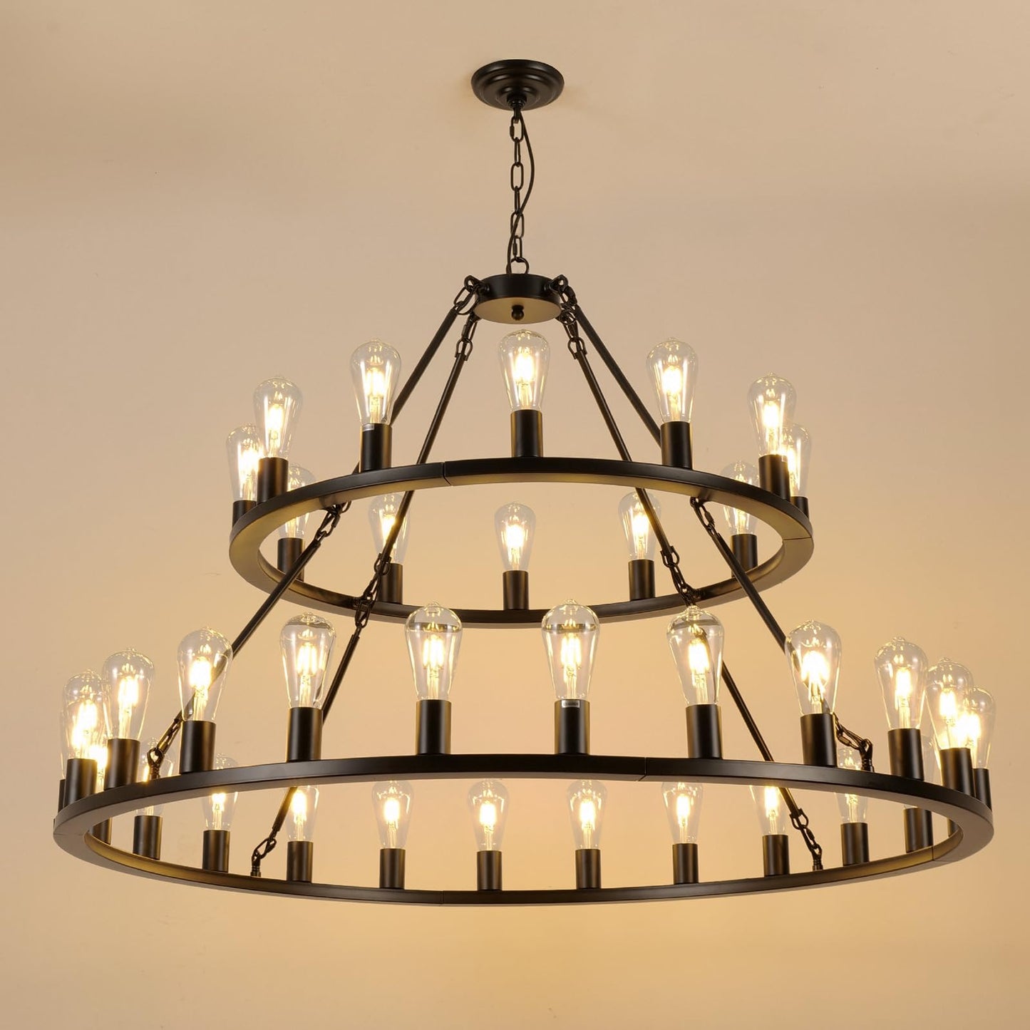 WOGON WEEL Wagon Wheel Chandelier 2 Tier 48-Inch 36-Light, Farmhouse Industrial Chandelier Black Rustic Pendant Light Fixture Extra Large for High Ceilings, Living Room Foyer