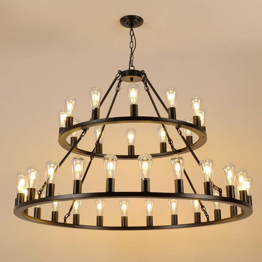 WOGON WEEL Wagon Wheel Chandelier 2 Tier 48-Inch 36-Light, Farmhouse Industrial Chandelier Black Rustic Pendant Light Fixture Extra Large for High Ceilings, Living Room Foyer