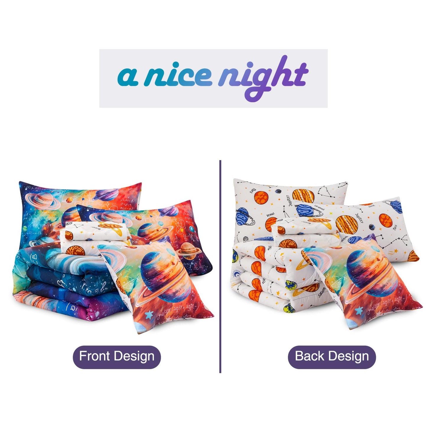 A Nice Night Boys Galaxy Twin Bedding Set 6 Piece Bed-in-a-Bag Comforter with Sheet Set, Space Algebra Theme Polyester Bed Sets for Kids,Purple
